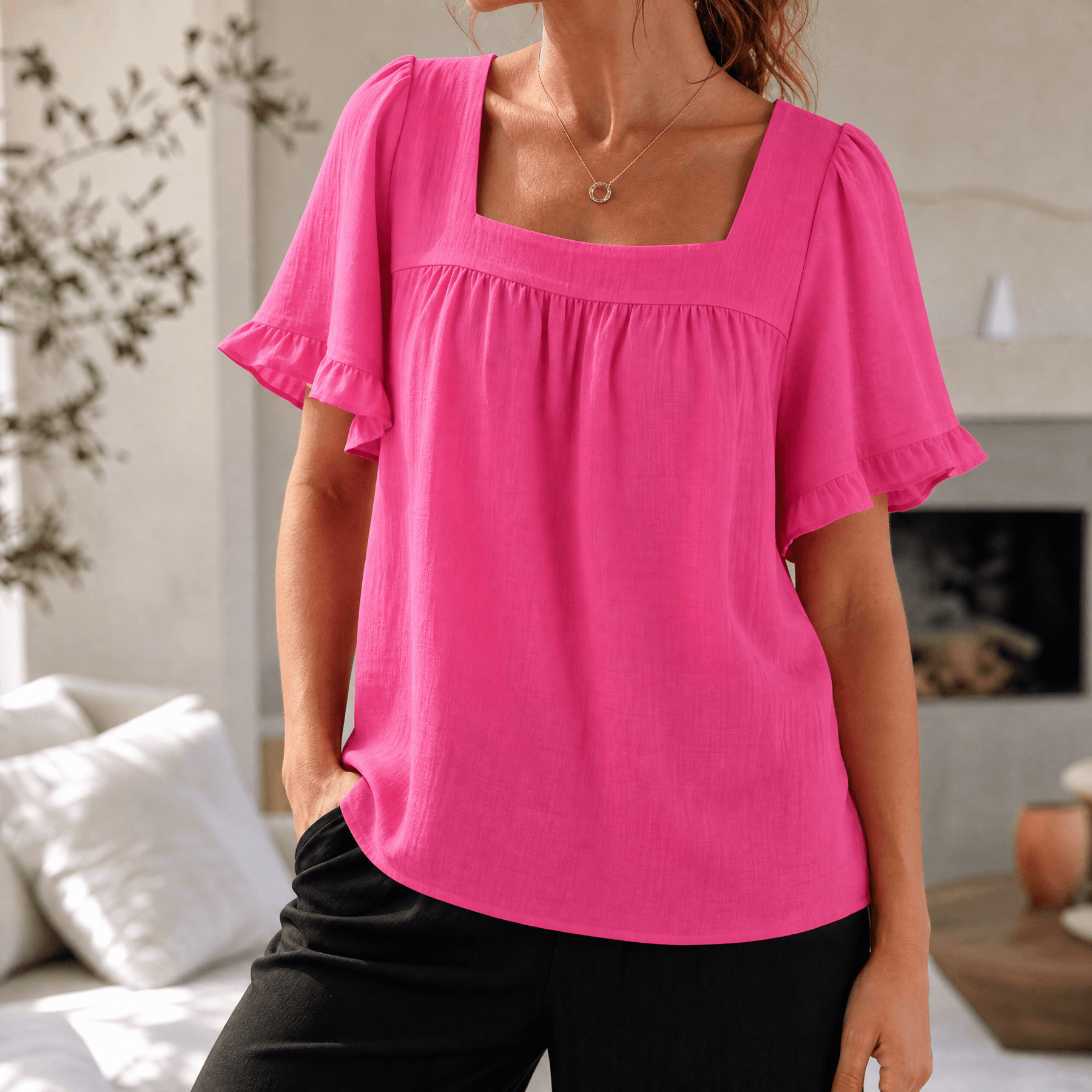 Florelle – Women's Square Neck Flutter Sleeve Blouse