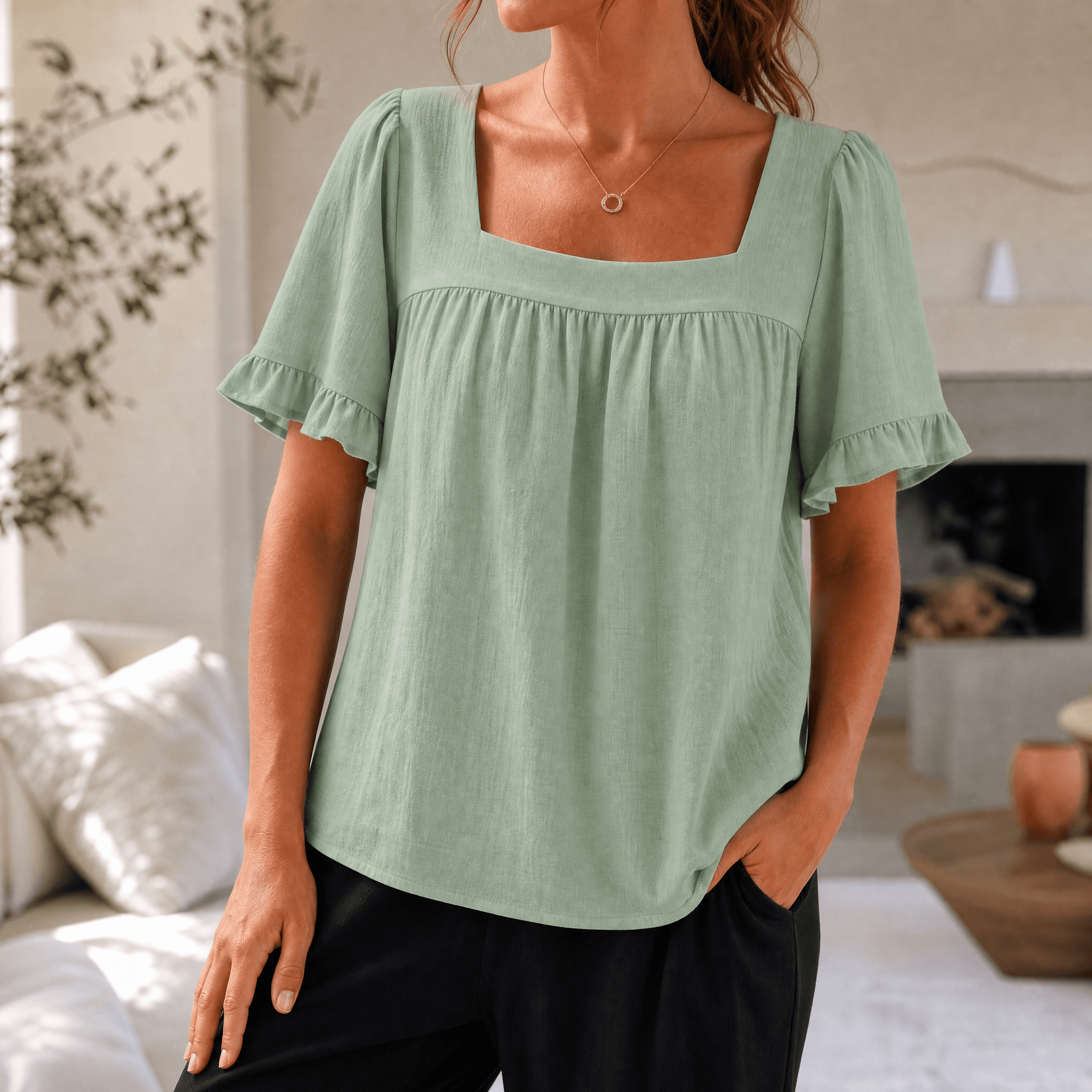 Florelle – Women's Square Neck Flutter Sleeve Blouse