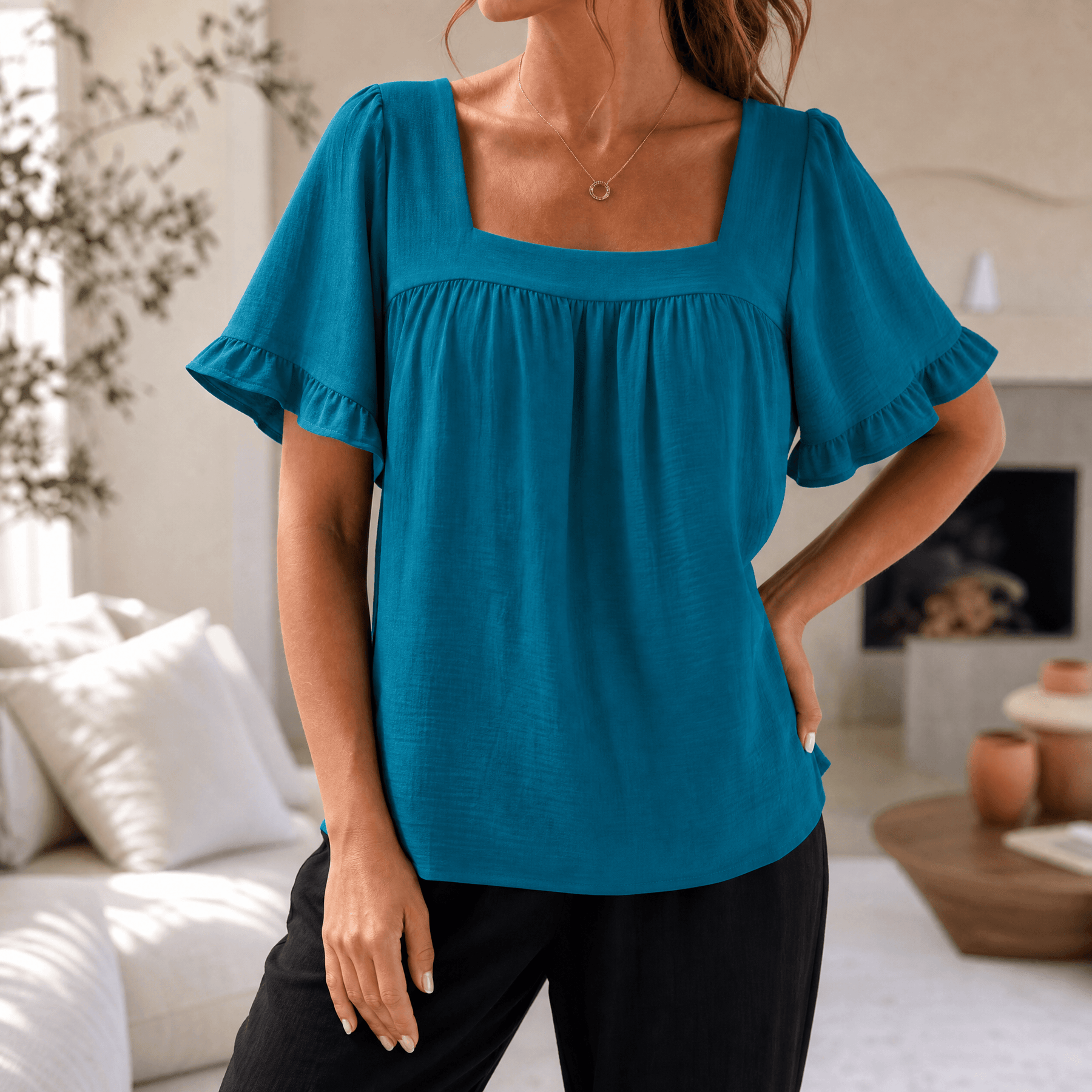 Florelle – Women's Square Neck Flutter Sleeve Blouse