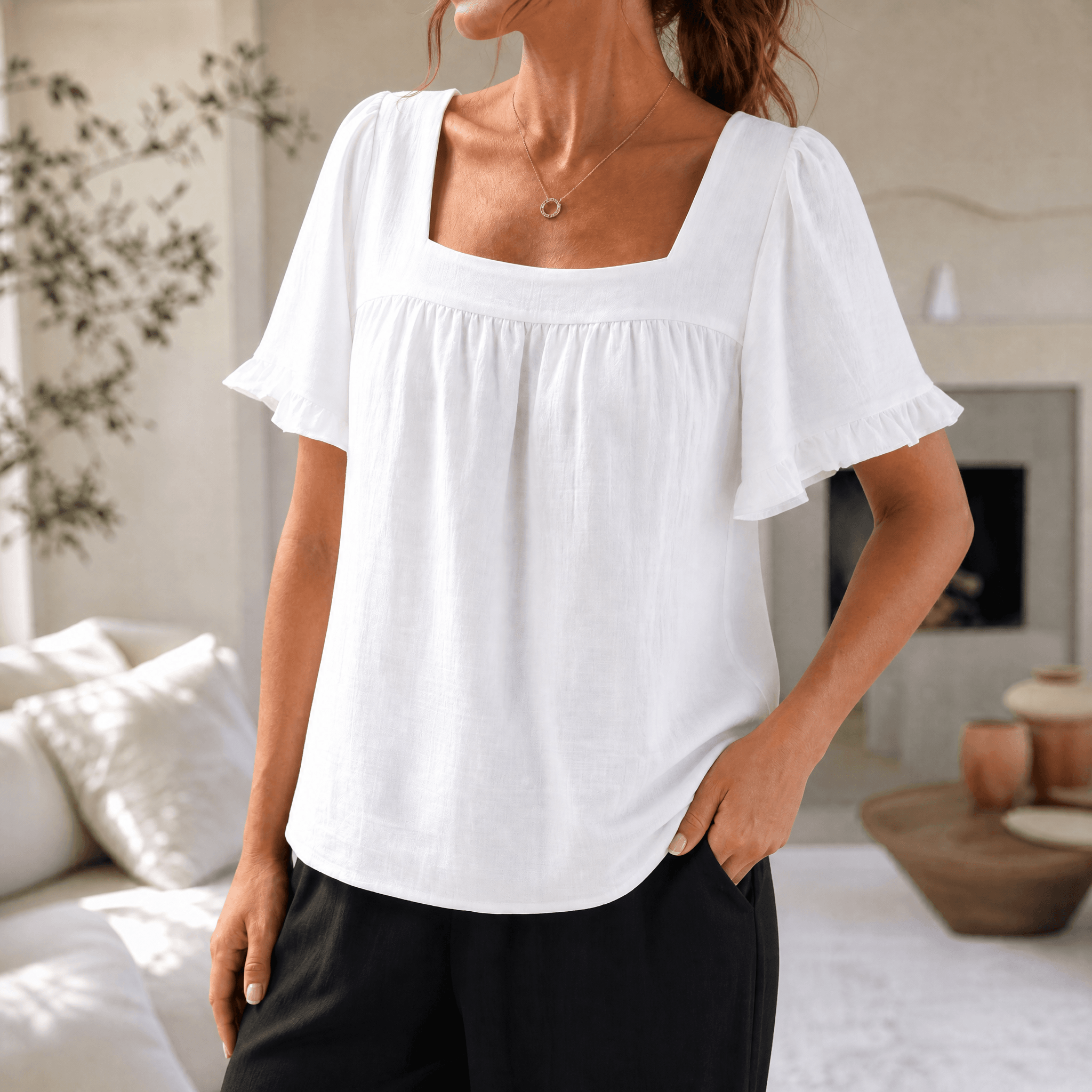 Florelle – Women's Square Neck Flutter Sleeve Blouse
