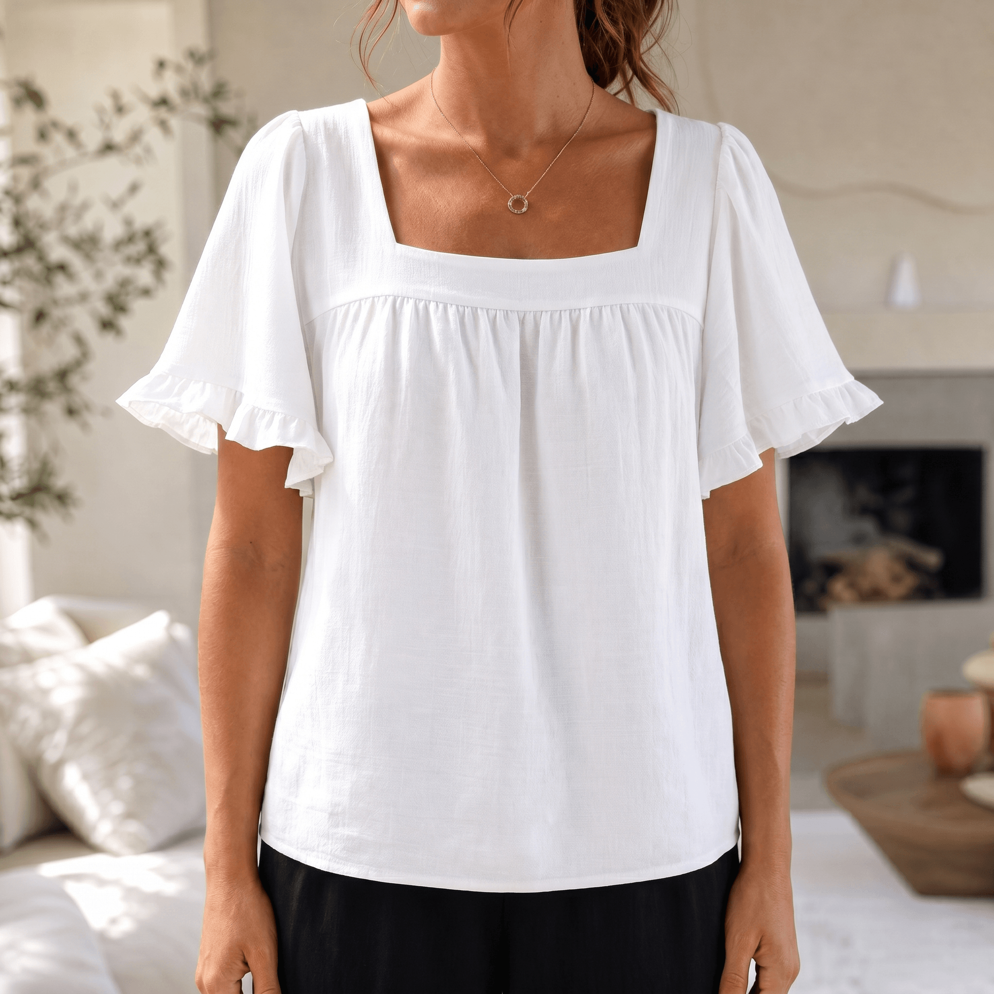 Florelle – Women's Square Neck Flutter Sleeve Blouse