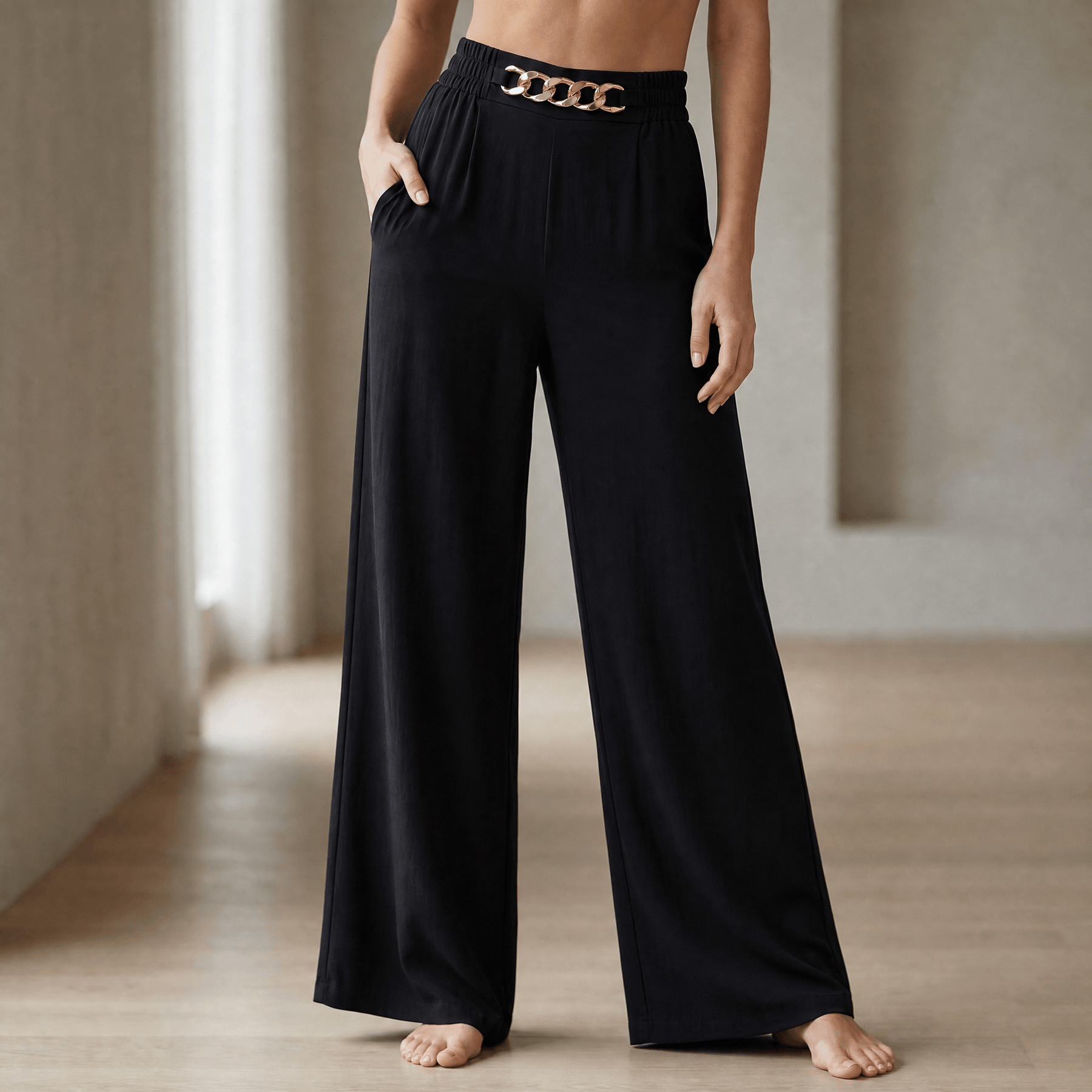 Florena – High Waist Wide Leg Trousers with Chain Accent