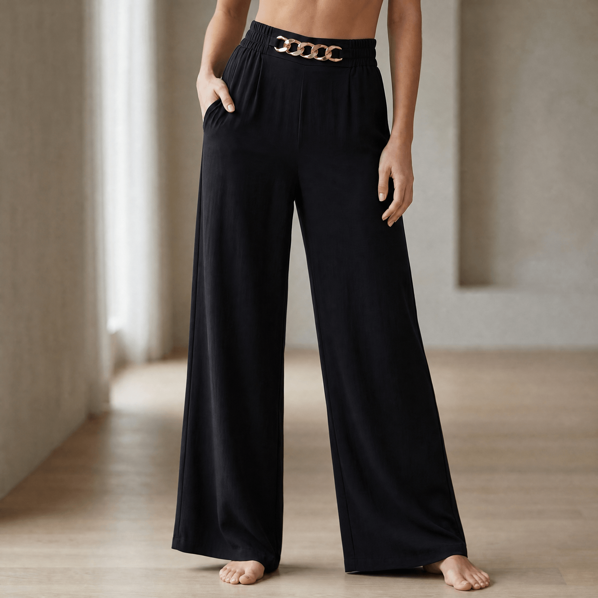 Florena – High Waist Wide Leg Trousers with Chain Accent