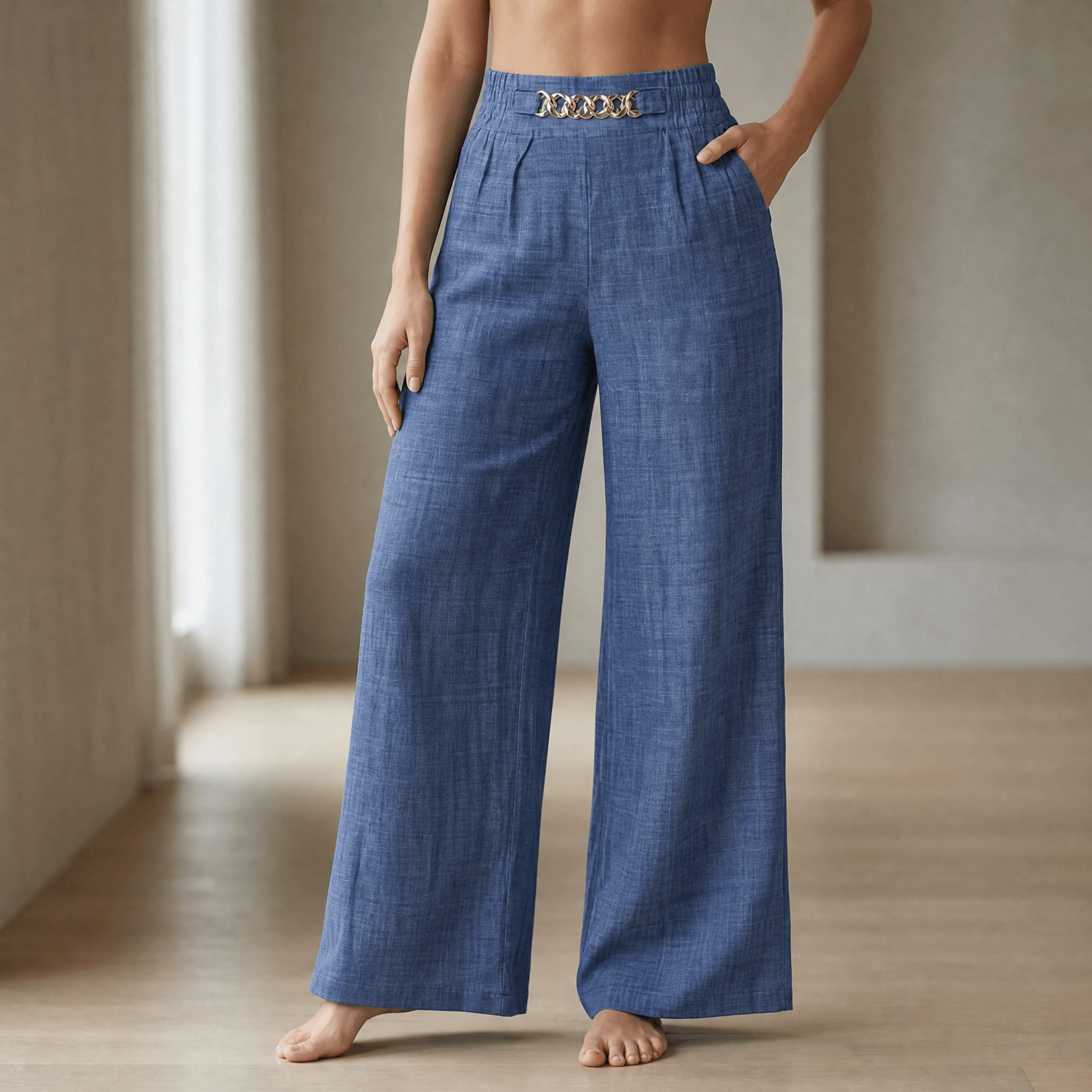 Florena – High Waist Wide Leg Trousers with Chain Accent
