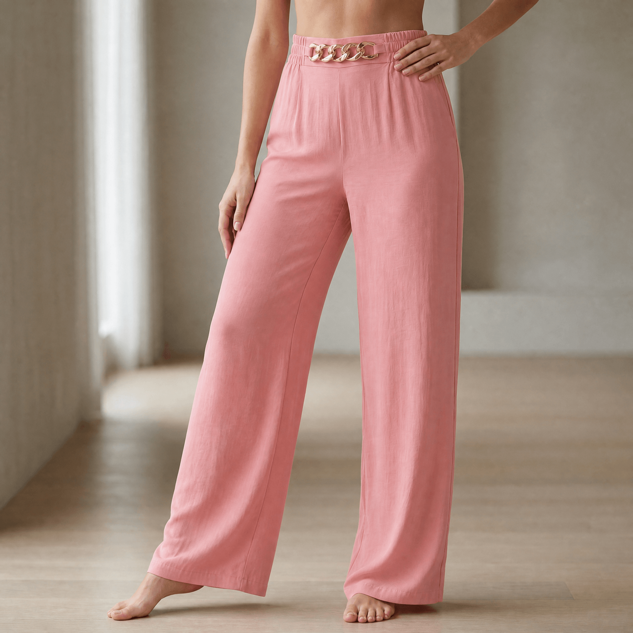 Florena – High Waist Wide Leg Trousers with Chain Accent