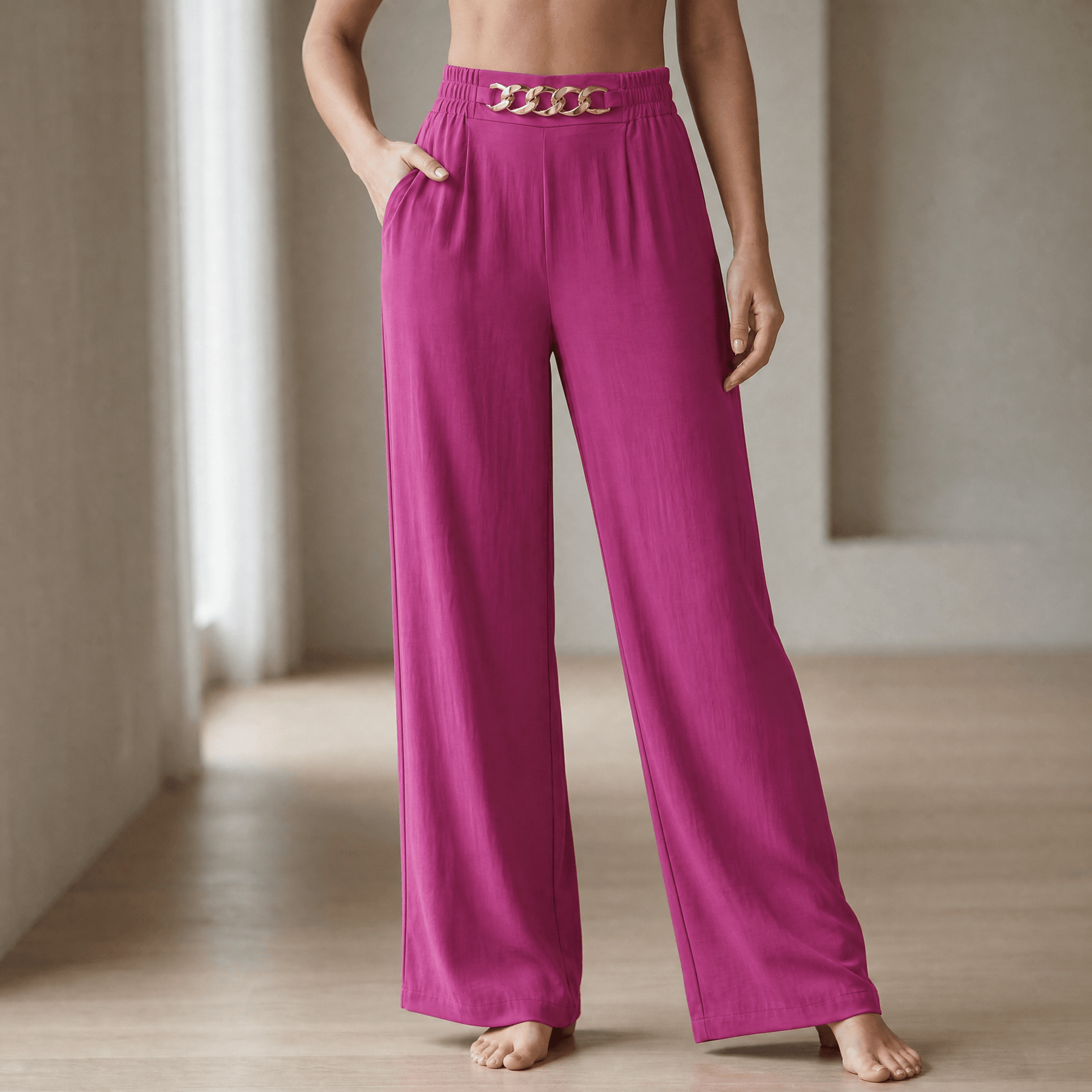 Florena – High Waist Wide Leg Trousers with Chain Accent