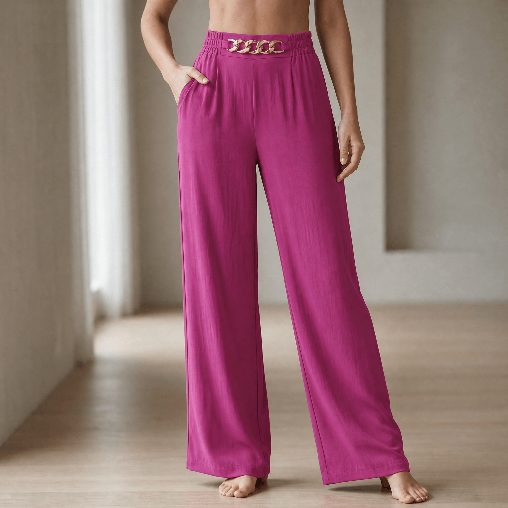 Florena – High Waist Wide Leg Trousers with Chain Accent