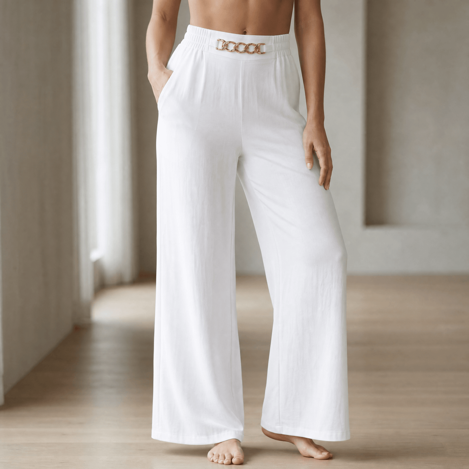 Florena – High Waist Wide Leg Trousers with Chain Accent