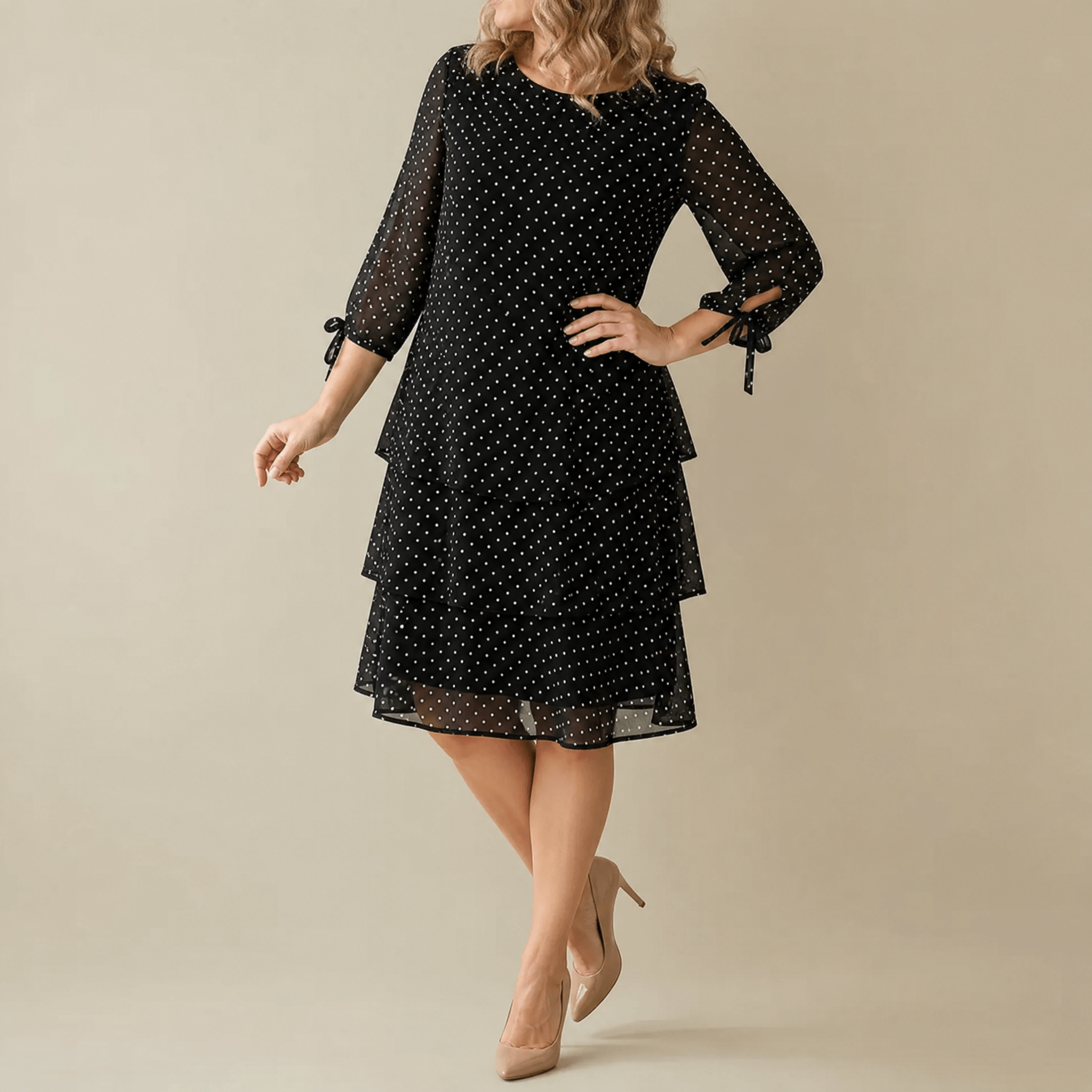 Florenne - Layered Chiffon Polka Dot Dress