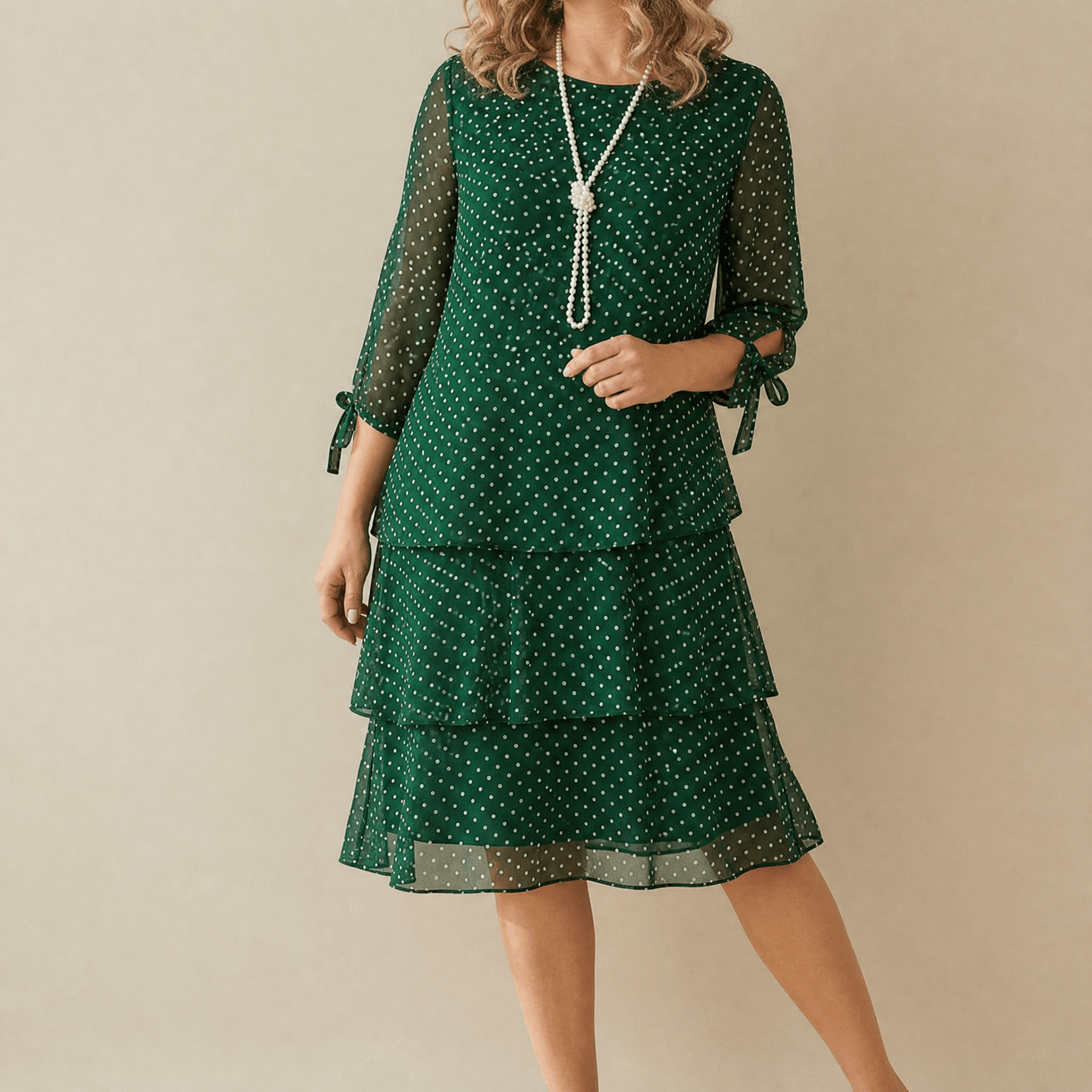 Florenne - Layered Chiffon Polka Dot Dress