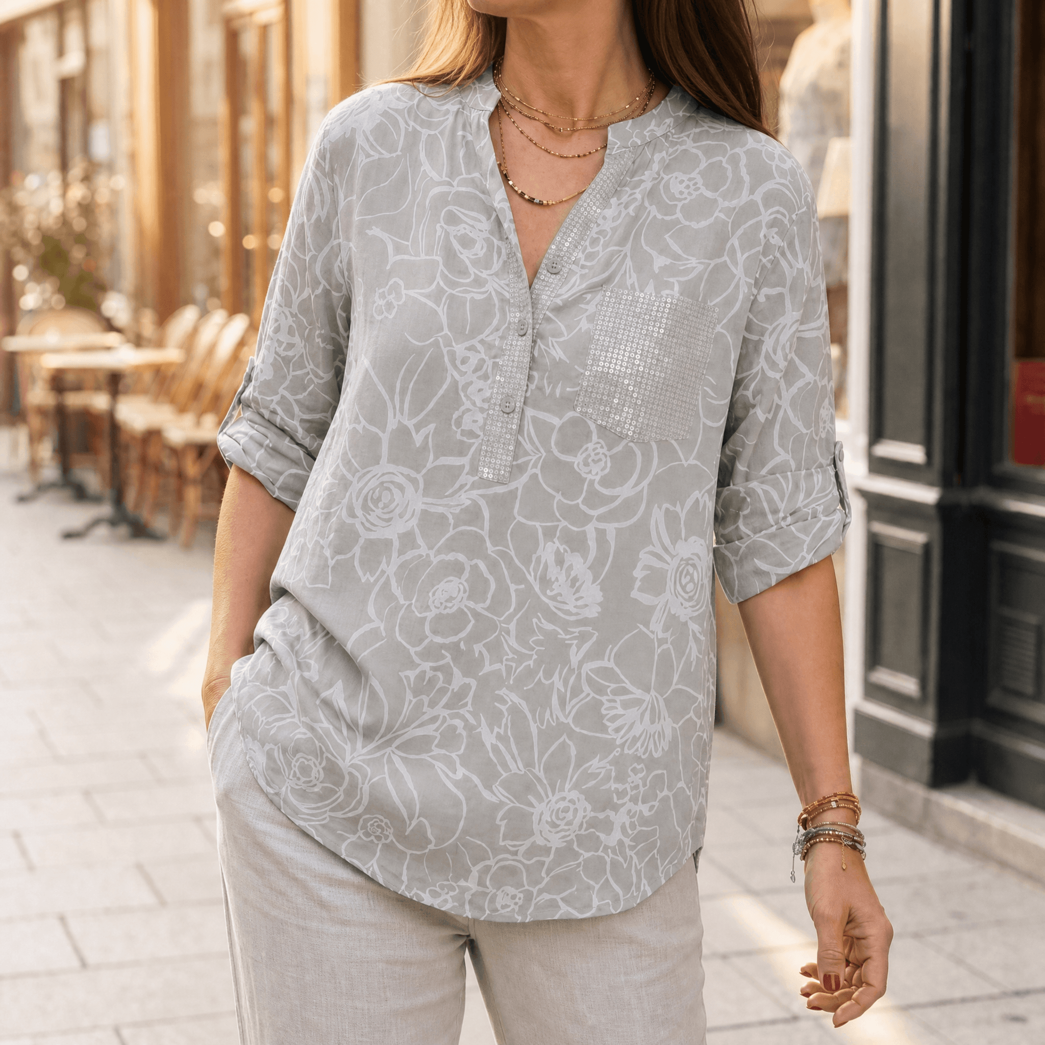 Florenne – Sequin Pocket Floral Blouse for Women