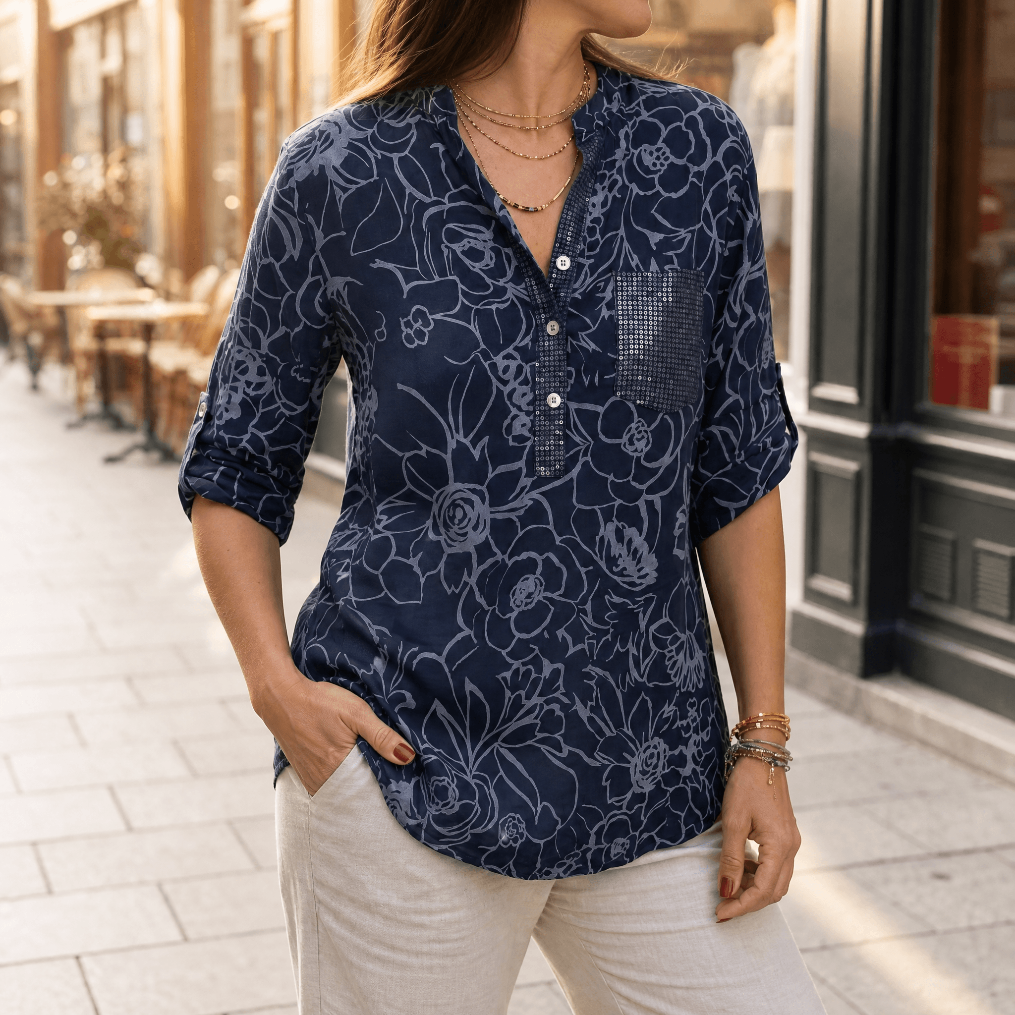 Florenne – Sequin Pocket Floral Blouse for Women