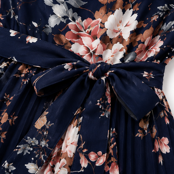 Florenza – Floral Pleated Midi Dress with Tie Waist and Flutter Sleeves