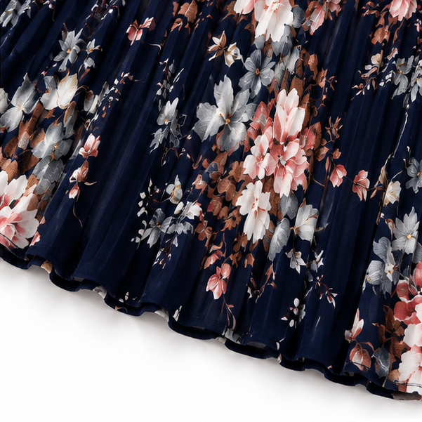 Florenza – Floral Pleated Midi Dress with Tie Waist and Flutter Sleeves
