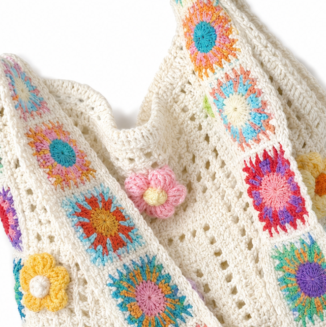 Florenza – Hand-Crocheted Floral Shoulder Bag for Women, Boho Granny-Square Tote with 3D Flowers