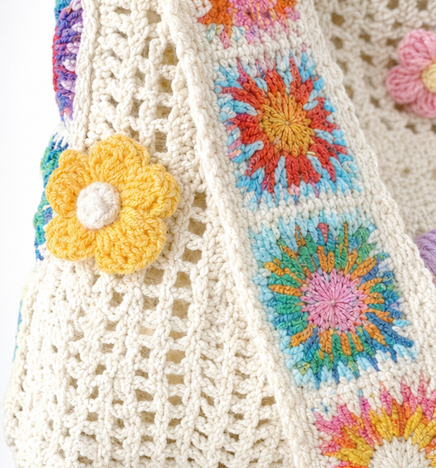 Florenza – Hand-Crocheted Floral Shoulder Bag for Women, Boho Granny-Square Tote with 3D Flowers