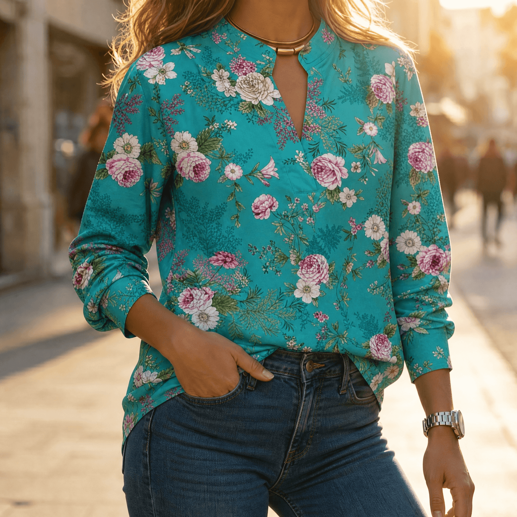 Florenza – Watercolor Floral V-Neck Blouse