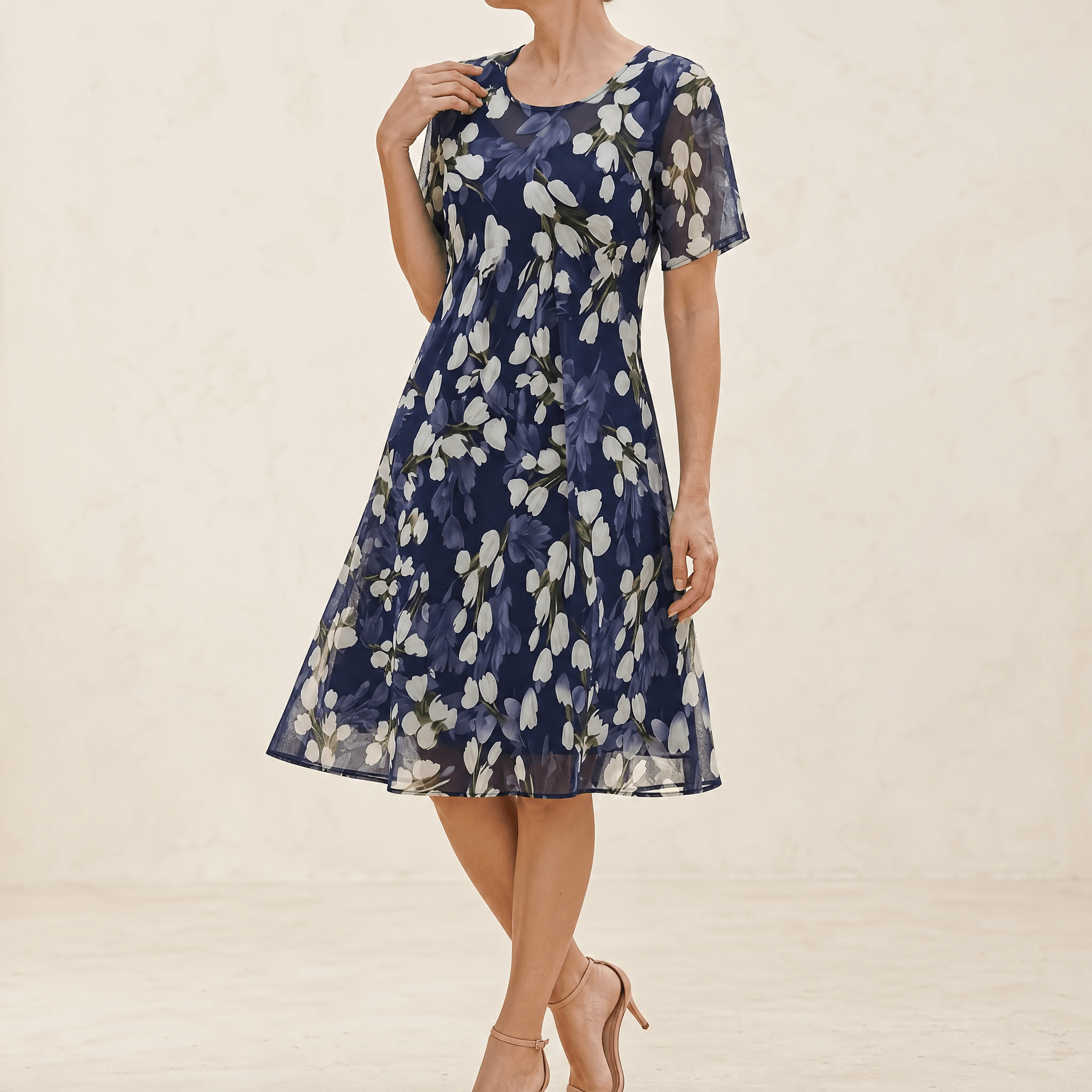 Florenza – Women's Elegant Navy Floral Midi Dress