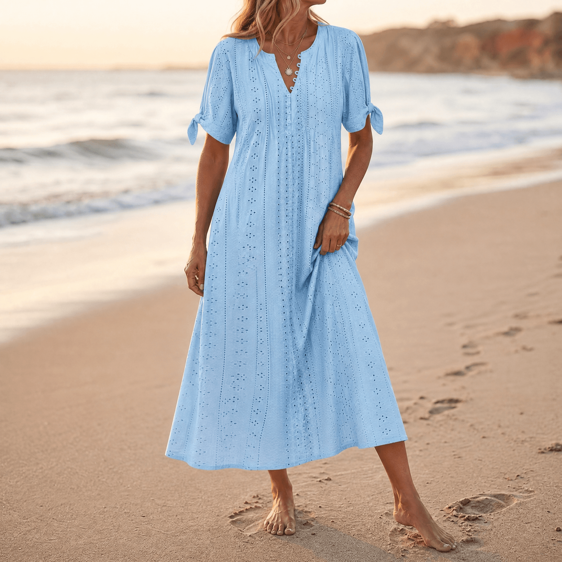 Florenza – Women's Eyelet Midi Dress with Tie-Bow Sleeves