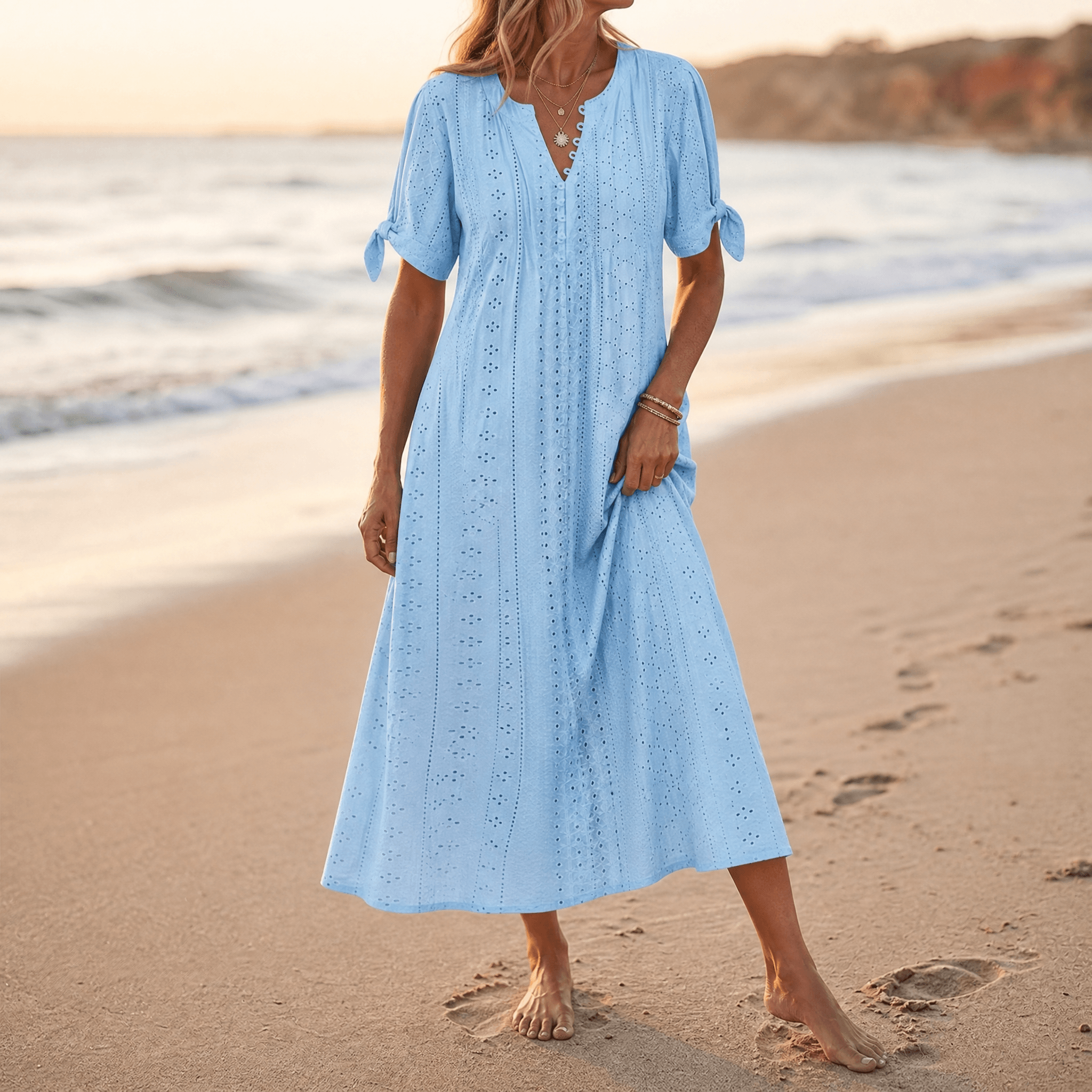 Florenza – Women's Eyelet Midi Dress with Tie-Bow Sleeves