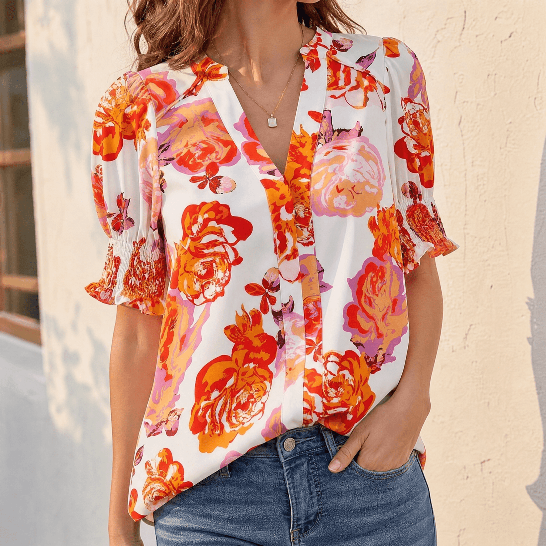 Florenza – Women's Floral Puff Sleeve V-Neck Blouse