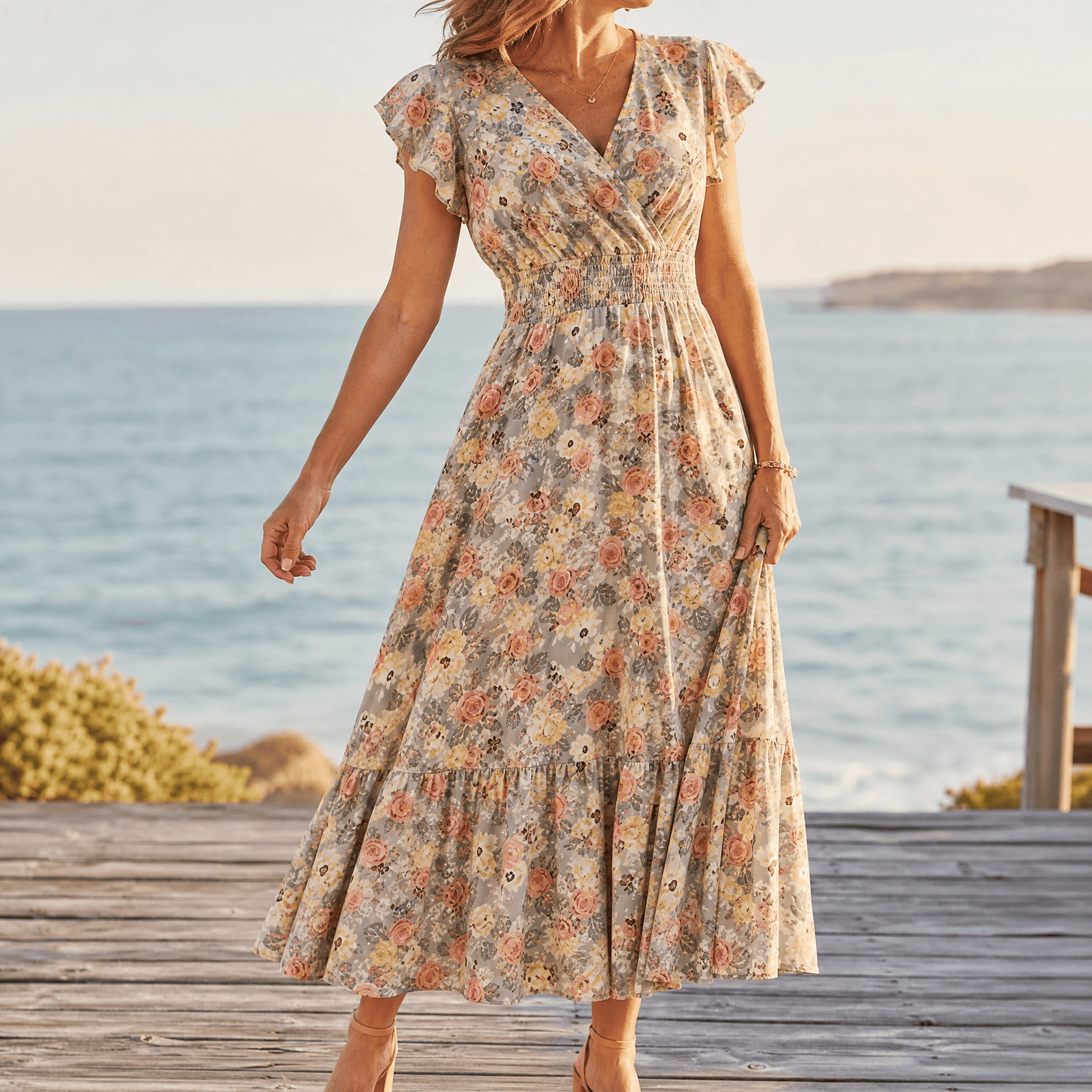 Florenza – Women's Floral V-Neck Smocked Midi Dress