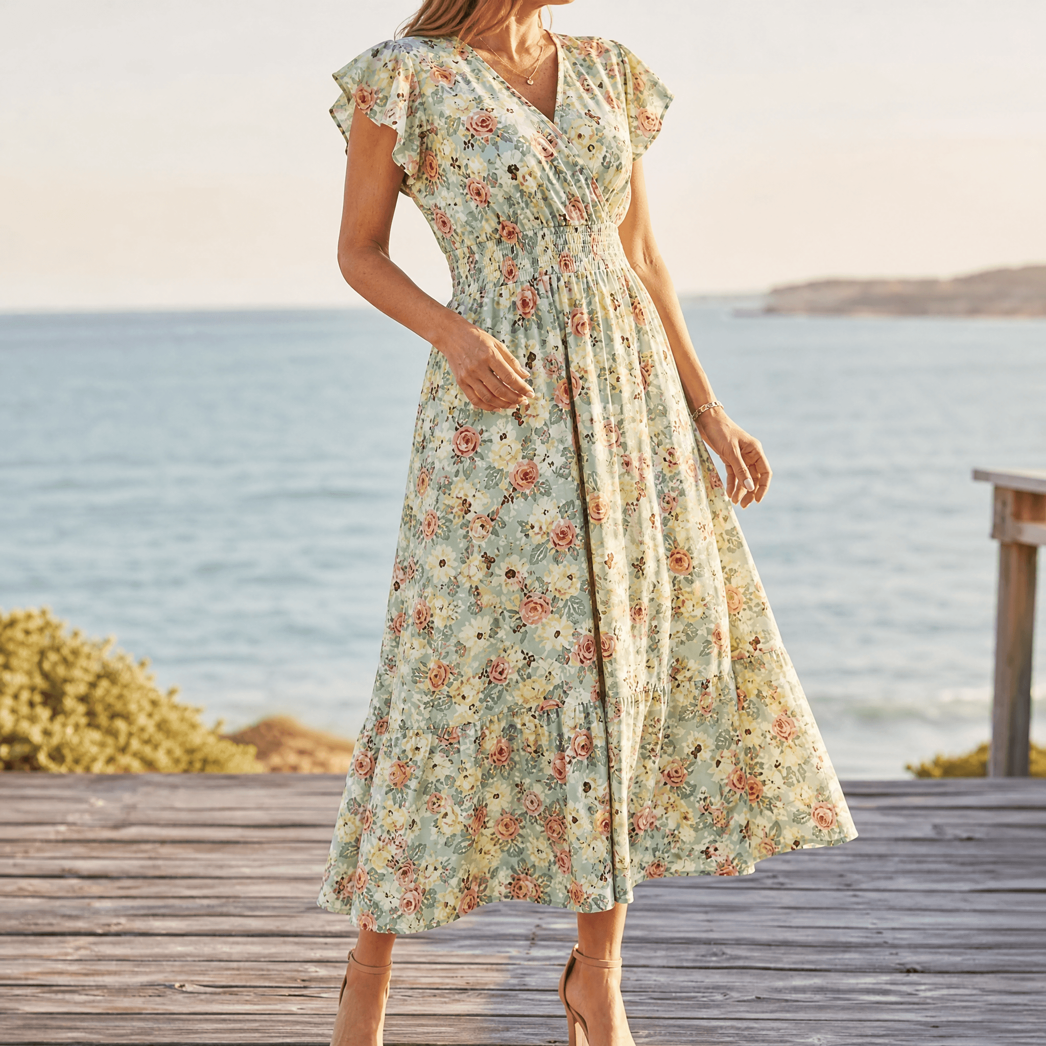Florenza – Women's Floral V-Neck Smocked Midi Dress