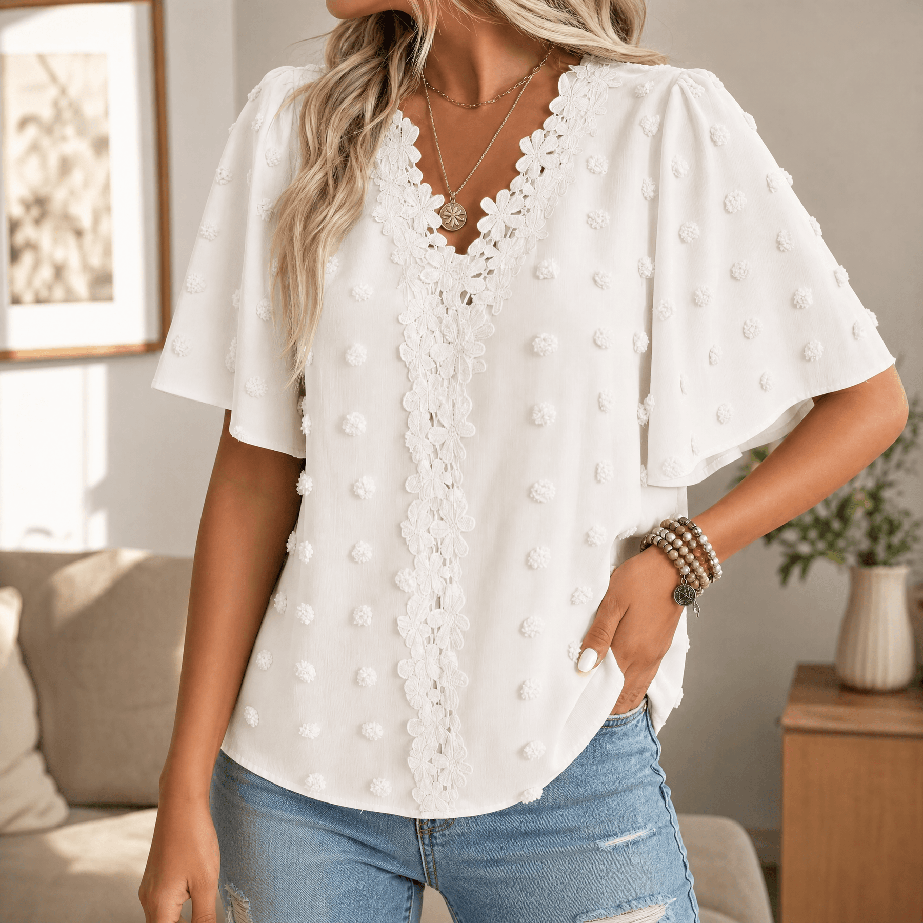 Florenza – Women's Jacquard Crochet-Lace V-Neck Blouse