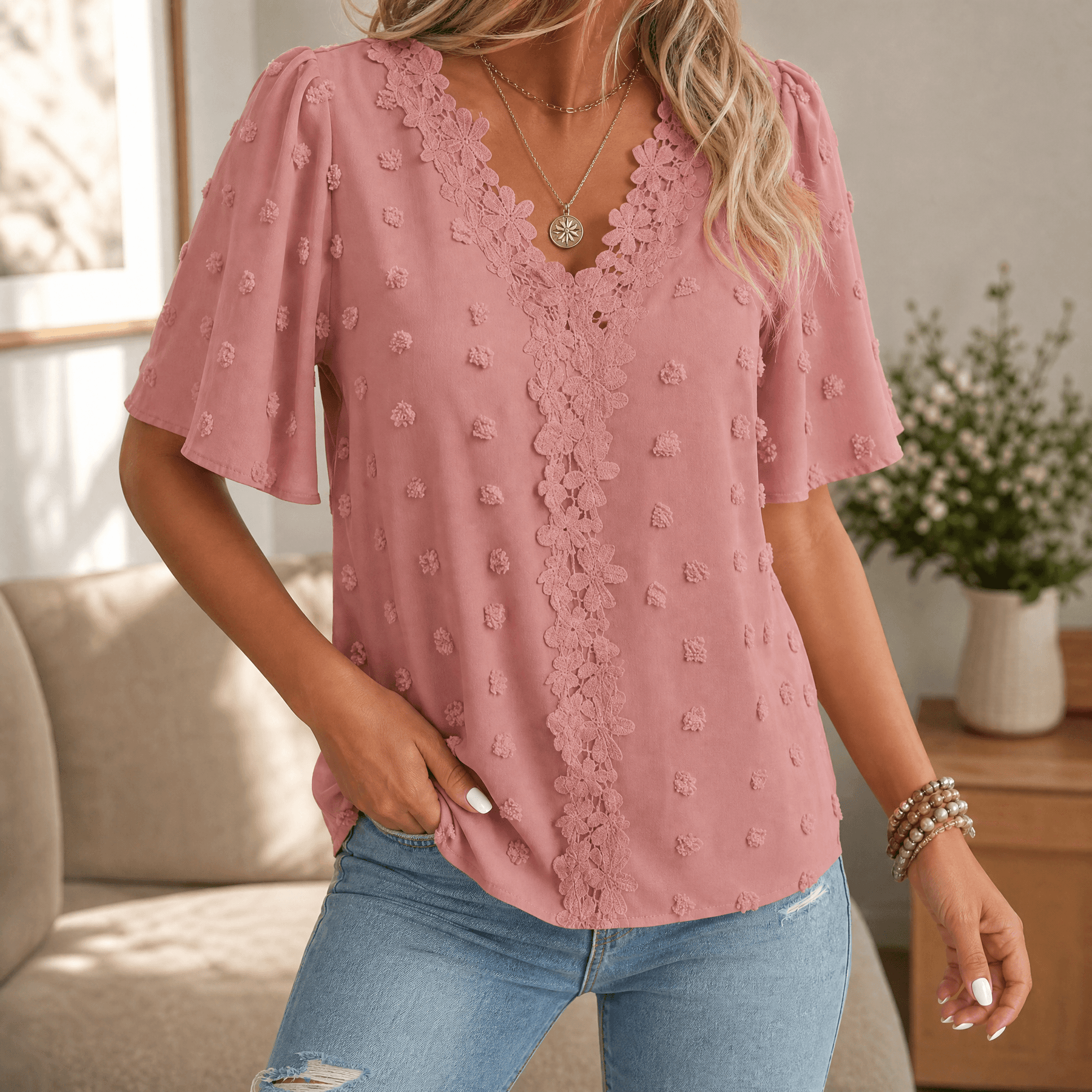 Florenza – Women's Jacquard Crochet-Lace V-Neck Blouse