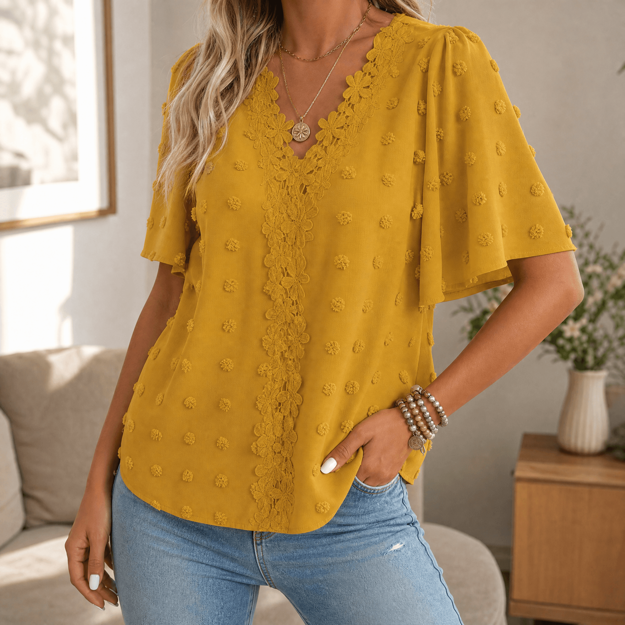 Florenza – Women's Jacquard Crochet-Lace V-Neck Blouse