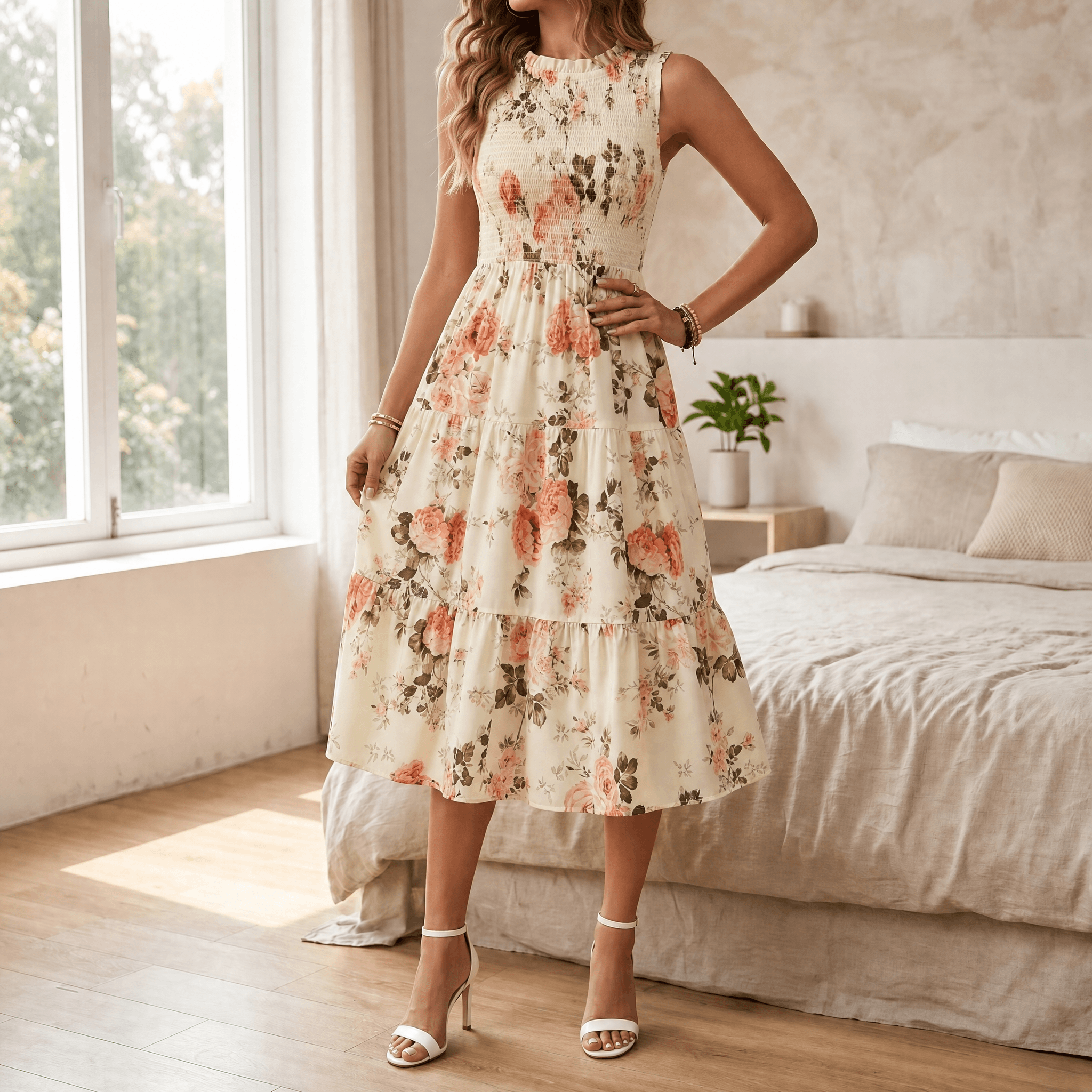 Florenza – Women's Smocked Floral Midi Dress