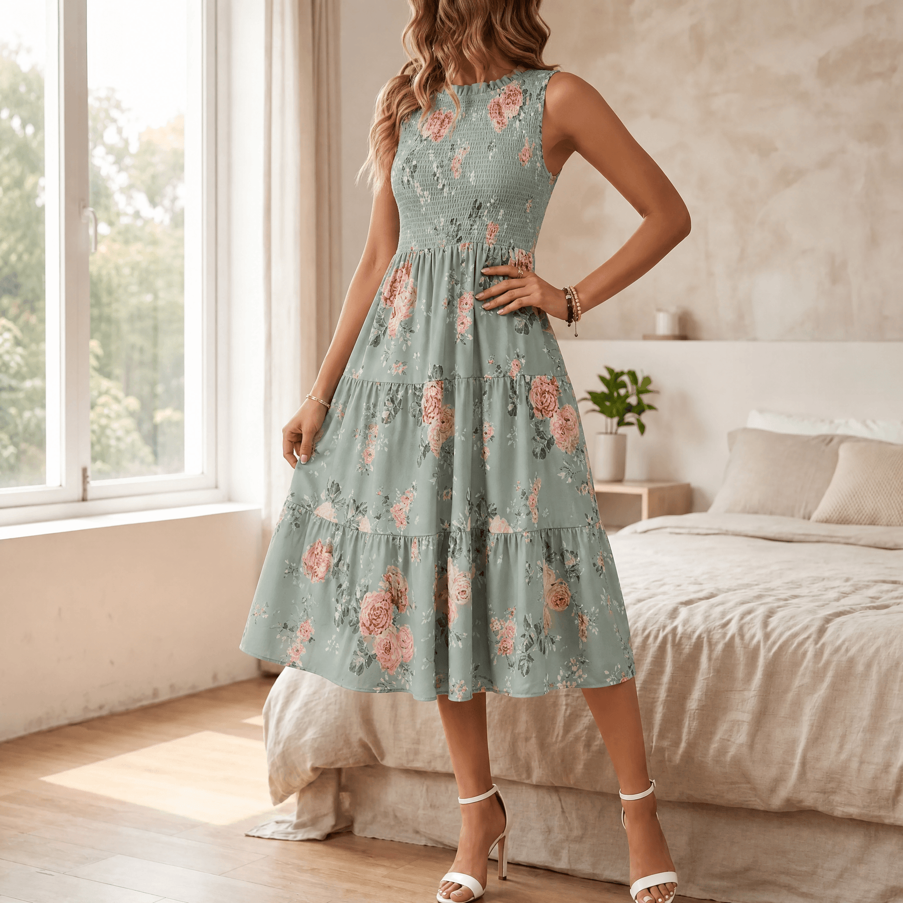 Florenza – Women's Smocked Floral Midi Dress