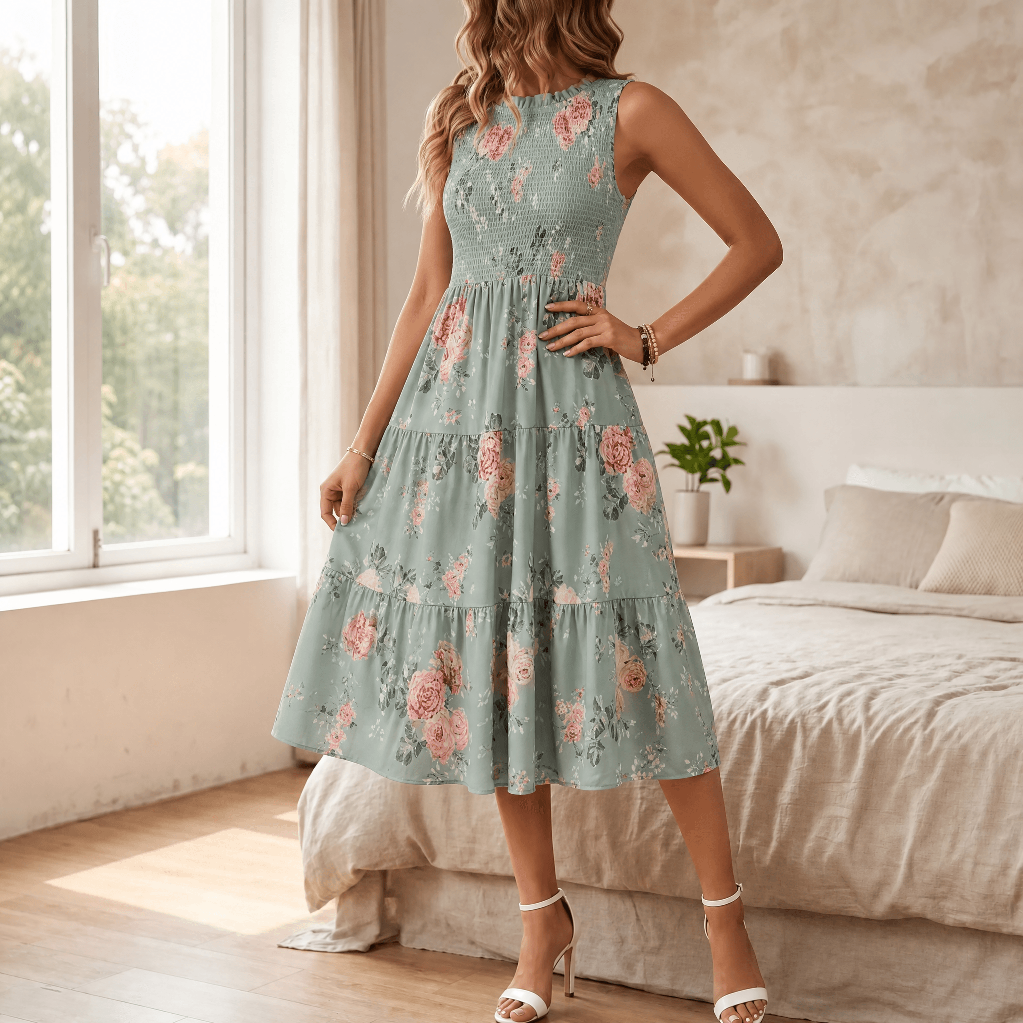 Florenza – Women's Smocked Floral Midi Dress
