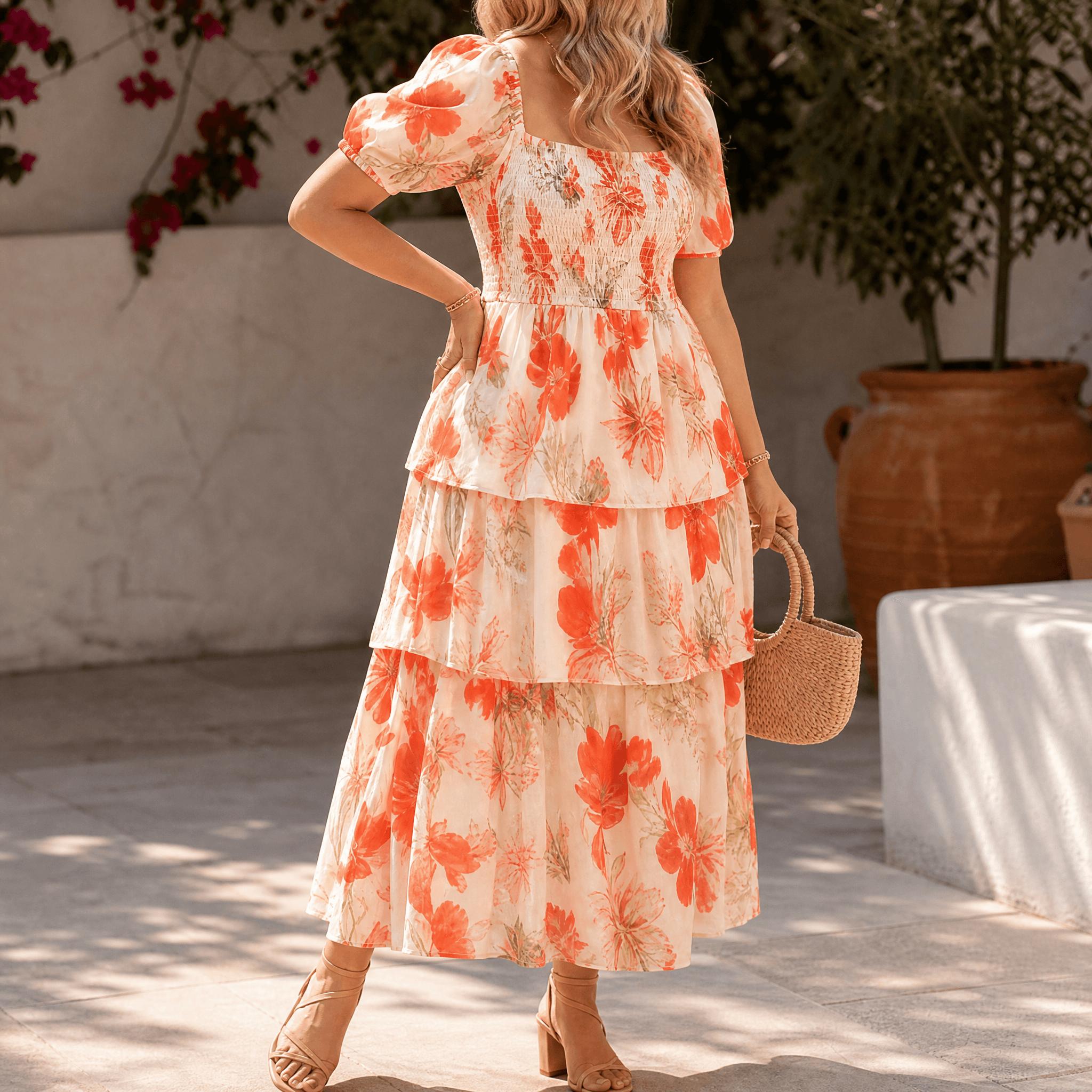 Florenza – Women's Smocked Square-Neck Floral Maxi Dress