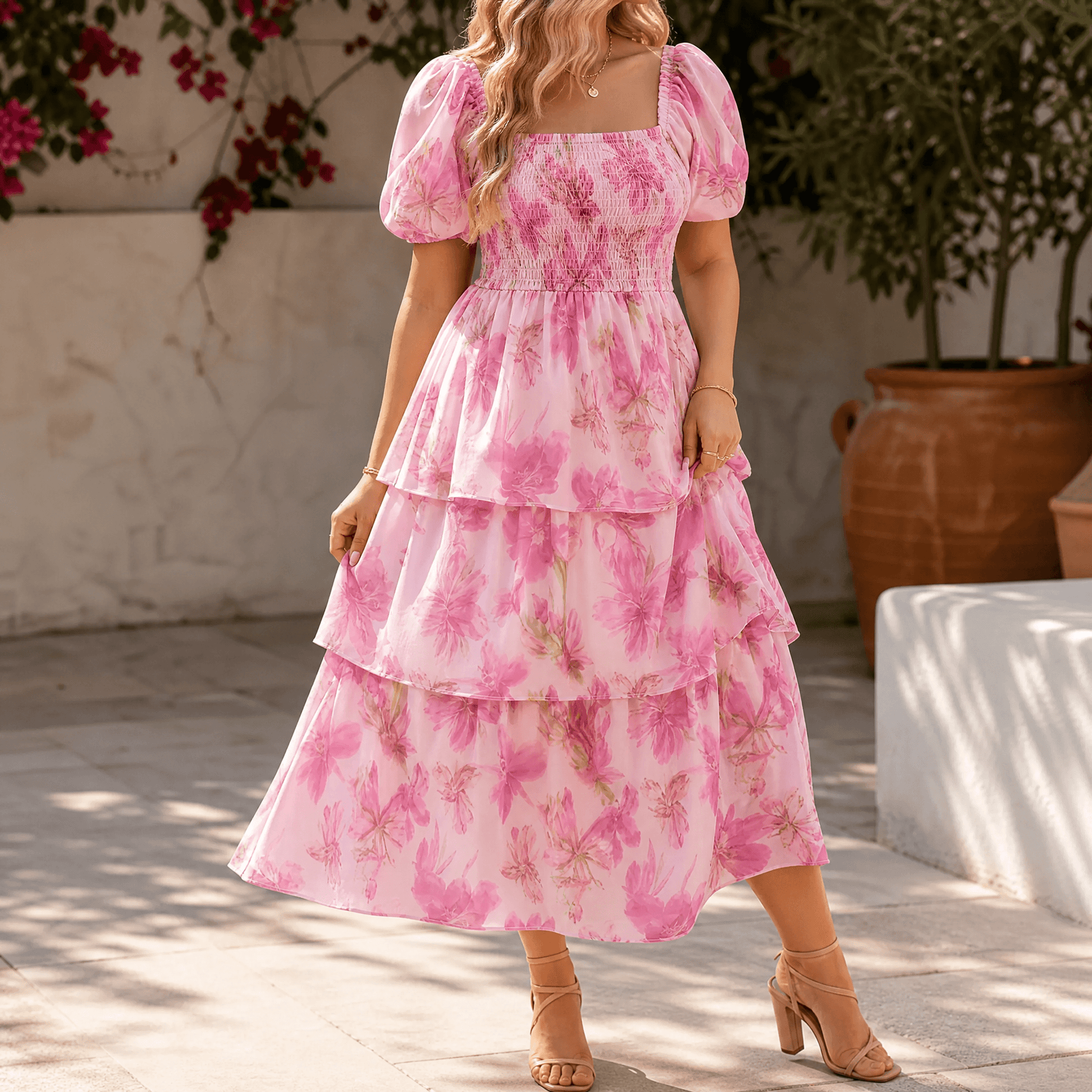 Florenza – Women's Smocked Square-Neck Floral Maxi Dress