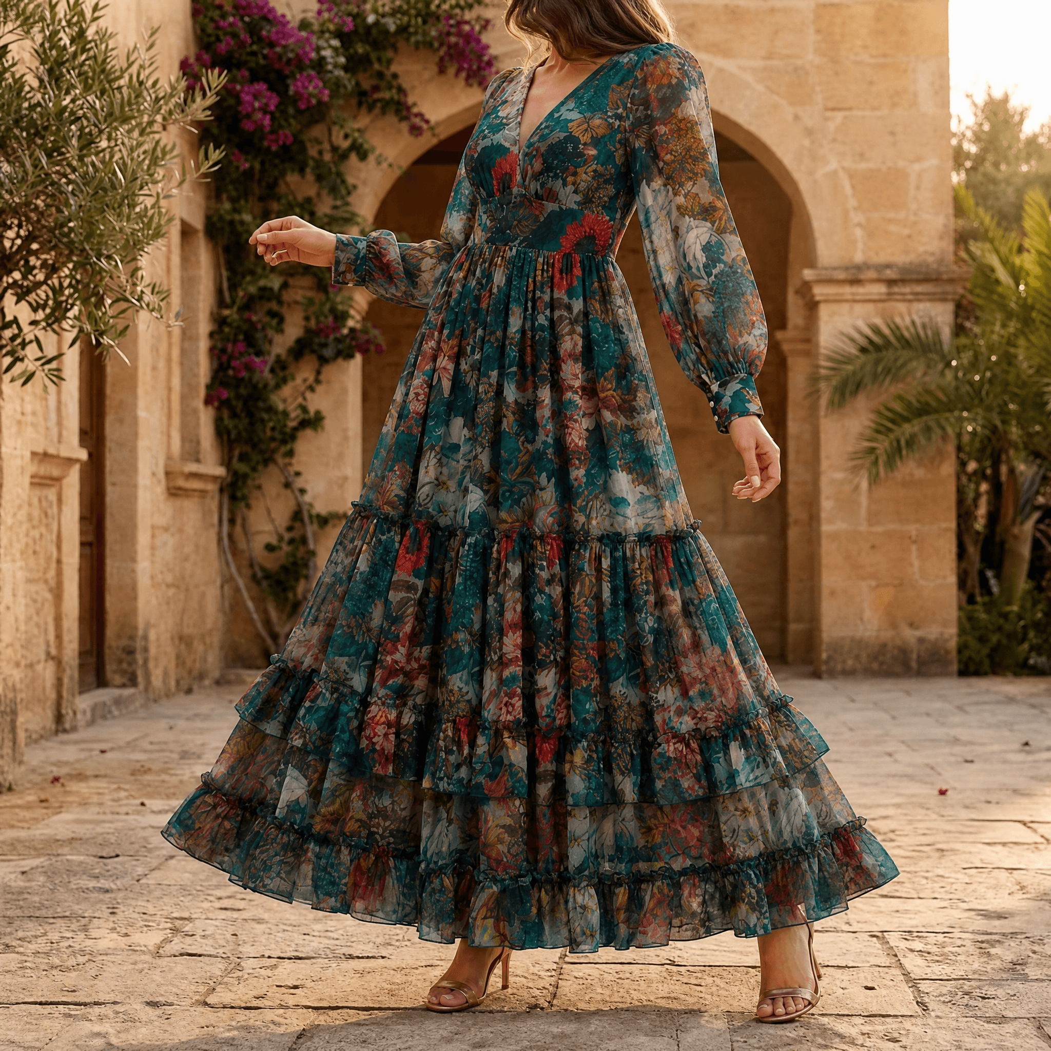 Floressa – Women's Tiered Floral Maxi Dress with Lantern Sleeves