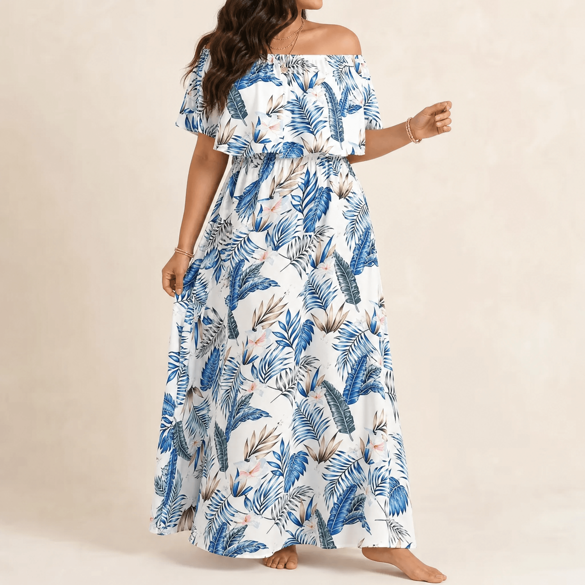 Florevia – Women's Off-Shoulder Floral Maxi Dress with Pockets