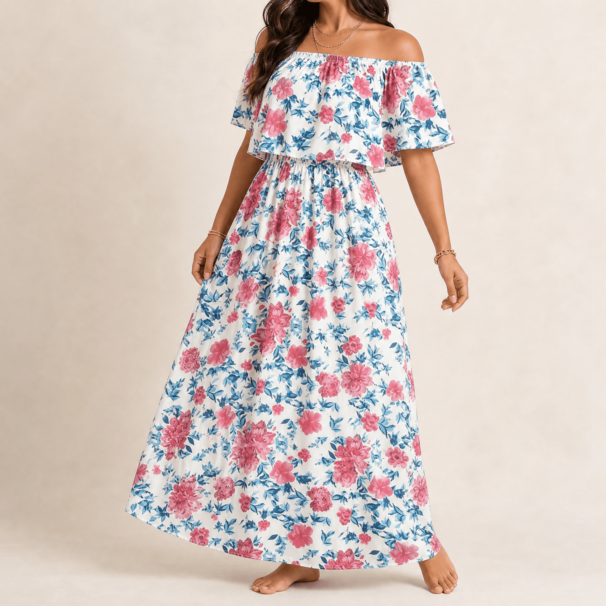 Florevia – Women's Off-Shoulder Floral Maxi Dress with Pockets