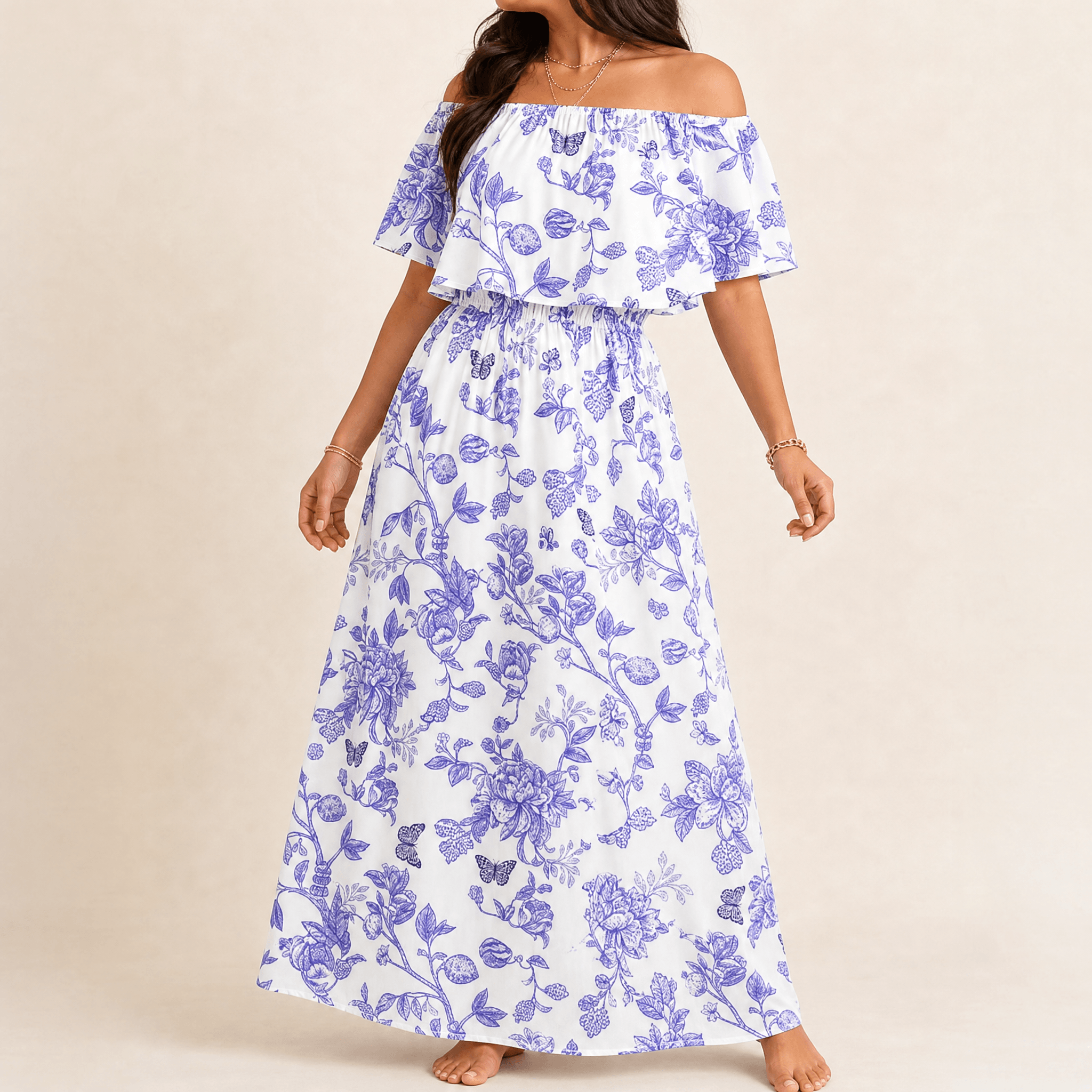 Florevia – Women's Off-Shoulder Floral Maxi Dress with Pockets