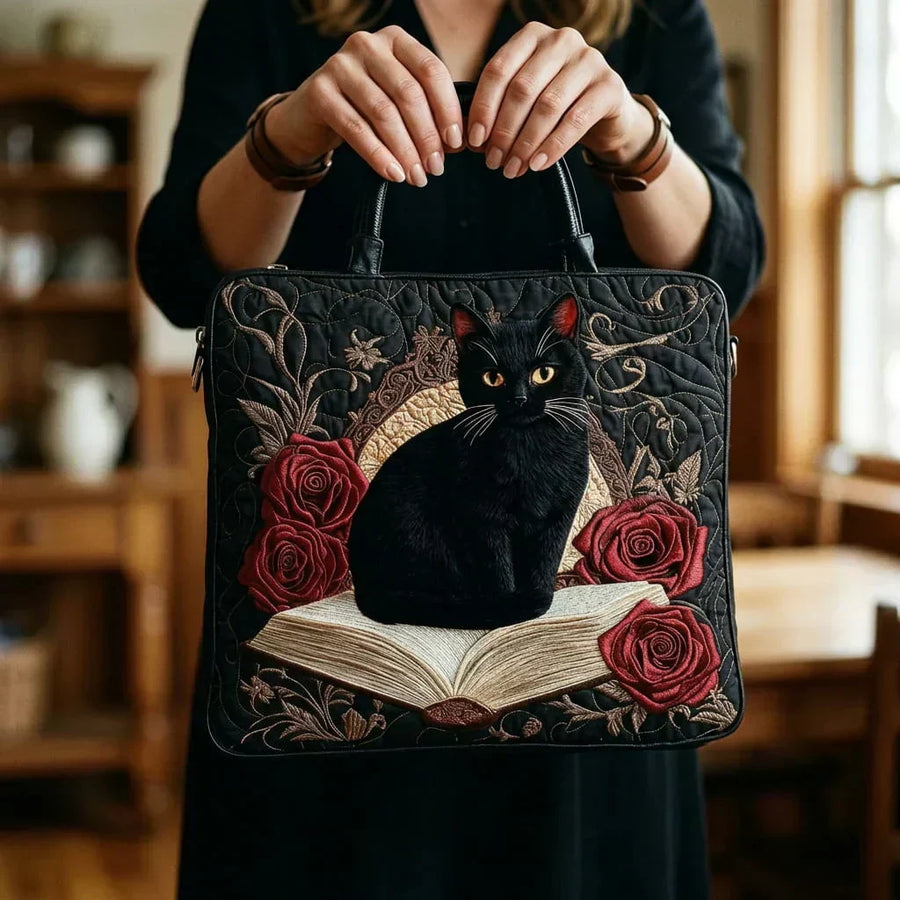 Quilted Tote Bag - Black Cat on Books