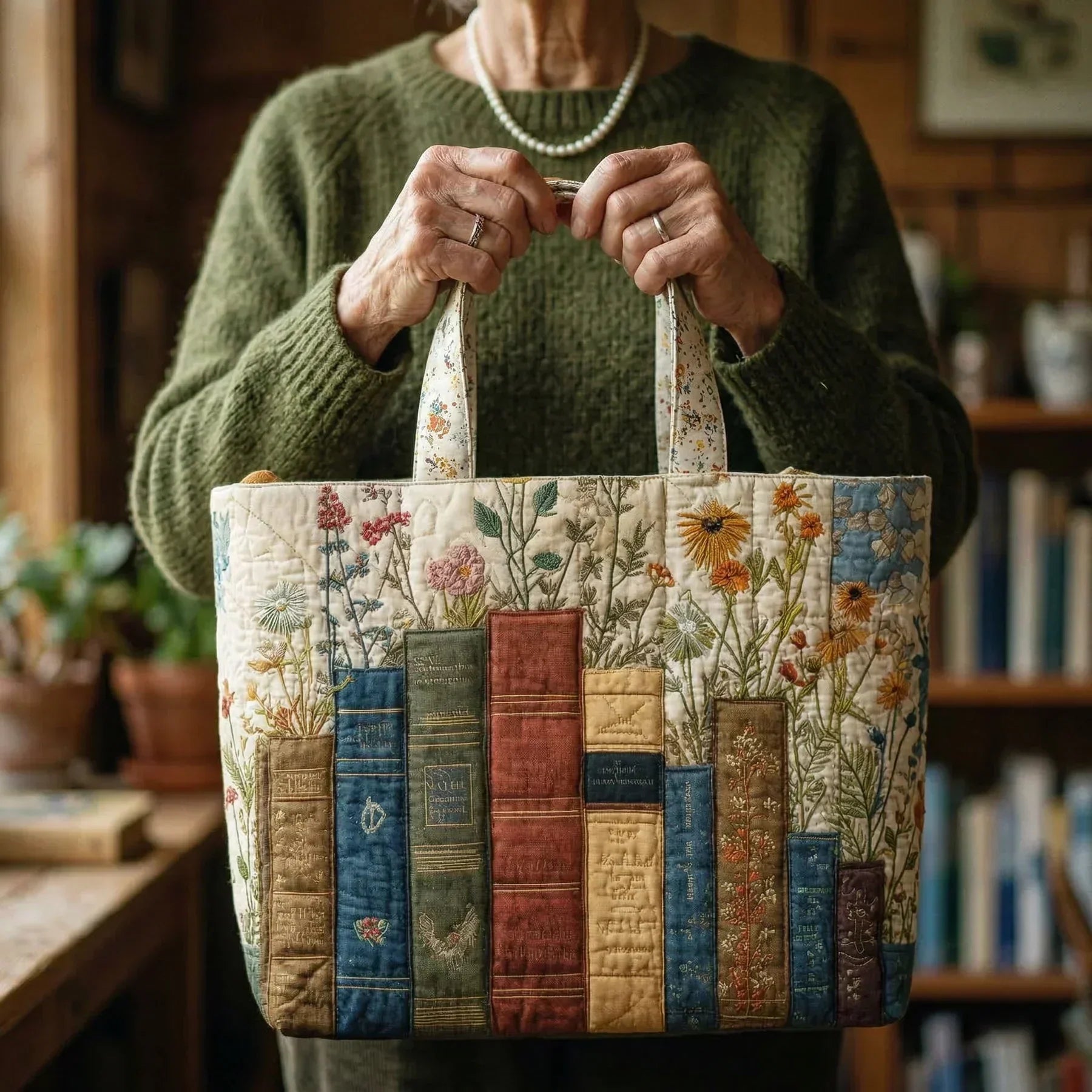 Artisan Quilted Bag - Books and Flowers
