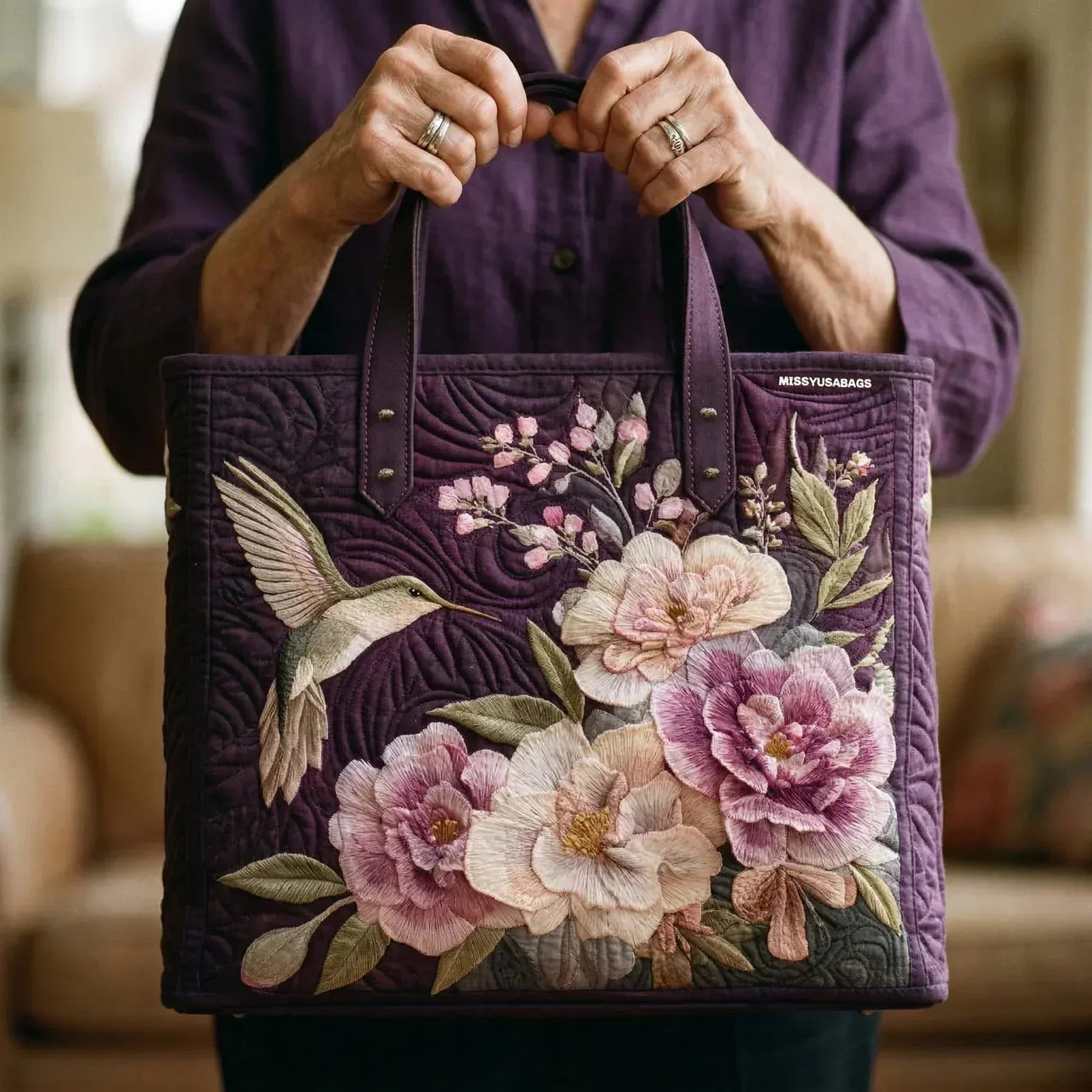 Quilted Artisan Bag - Hummingbirds and Orchids