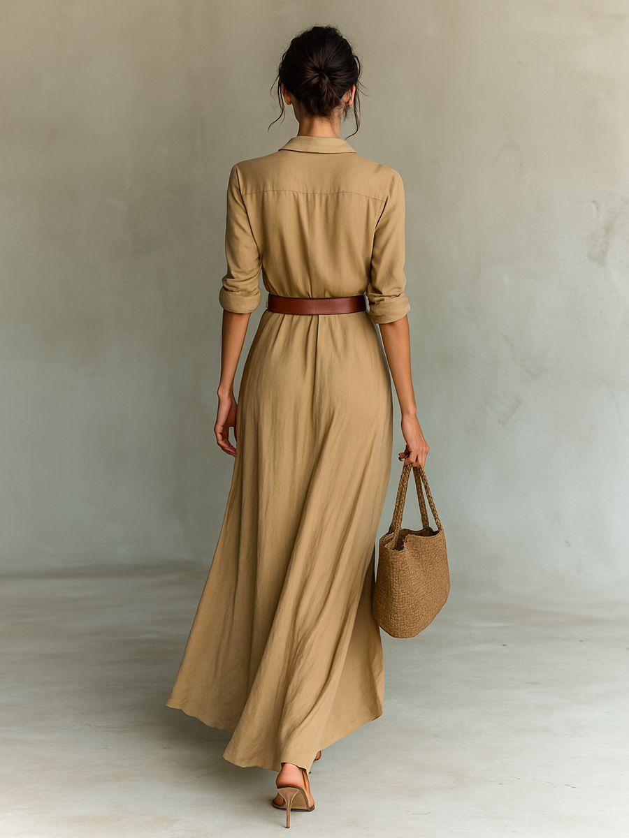 Maxi Long Dress with Notched Collar for Women, Long Sleeves, One-Button Closure