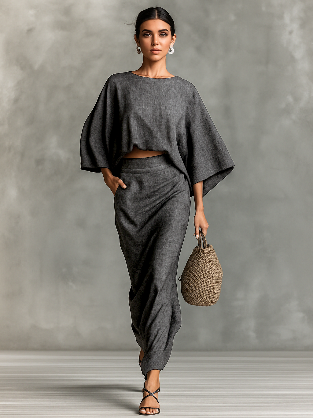 Two-piece set with long skirt in cotton-linen blend and batwing sleeves