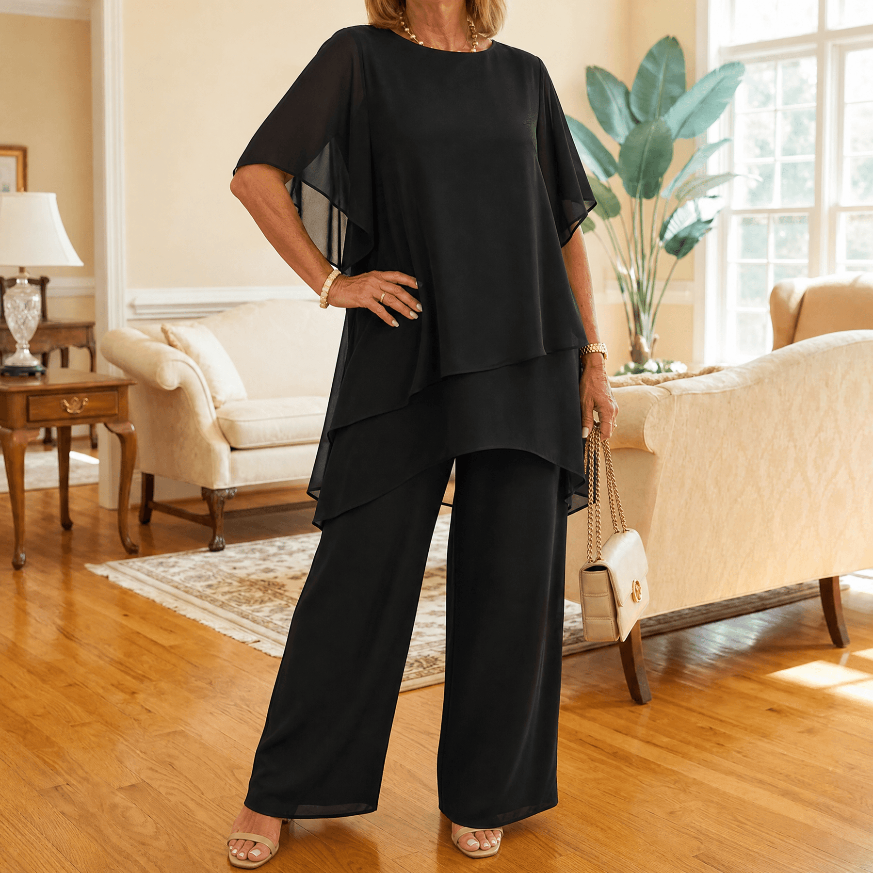 Graziella – Chiffon Two-Piece Set with Asymmetric Top