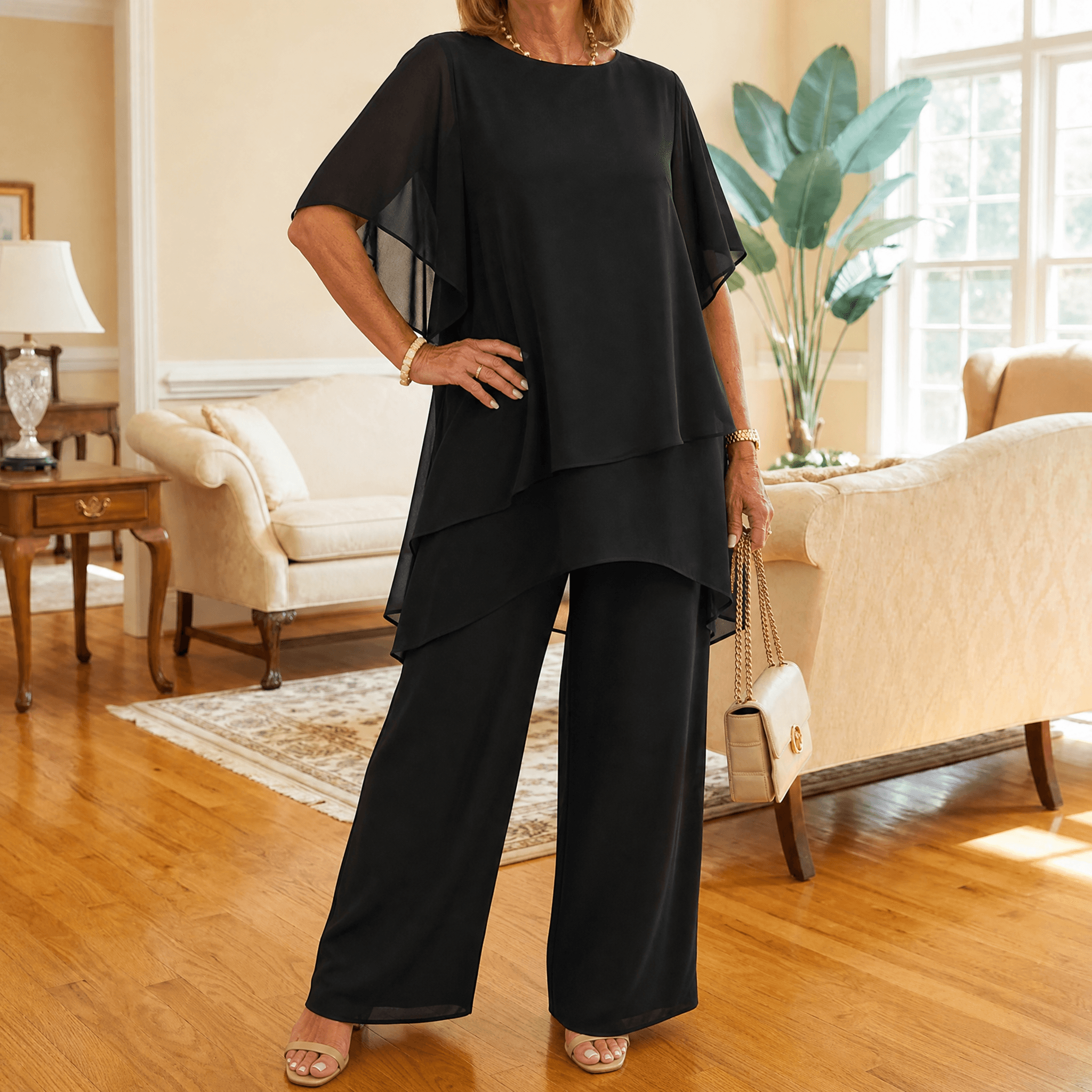 Graziella – Chiffon Two-Piece Set with Asymmetric Top