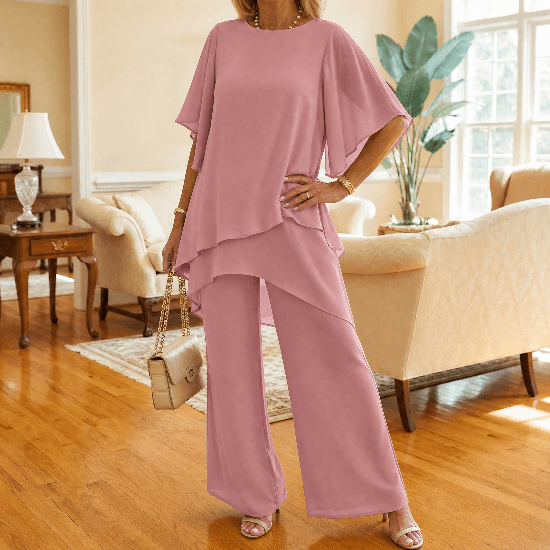 Graziella – Chiffon Two-Piece Set with Asymmetric Top