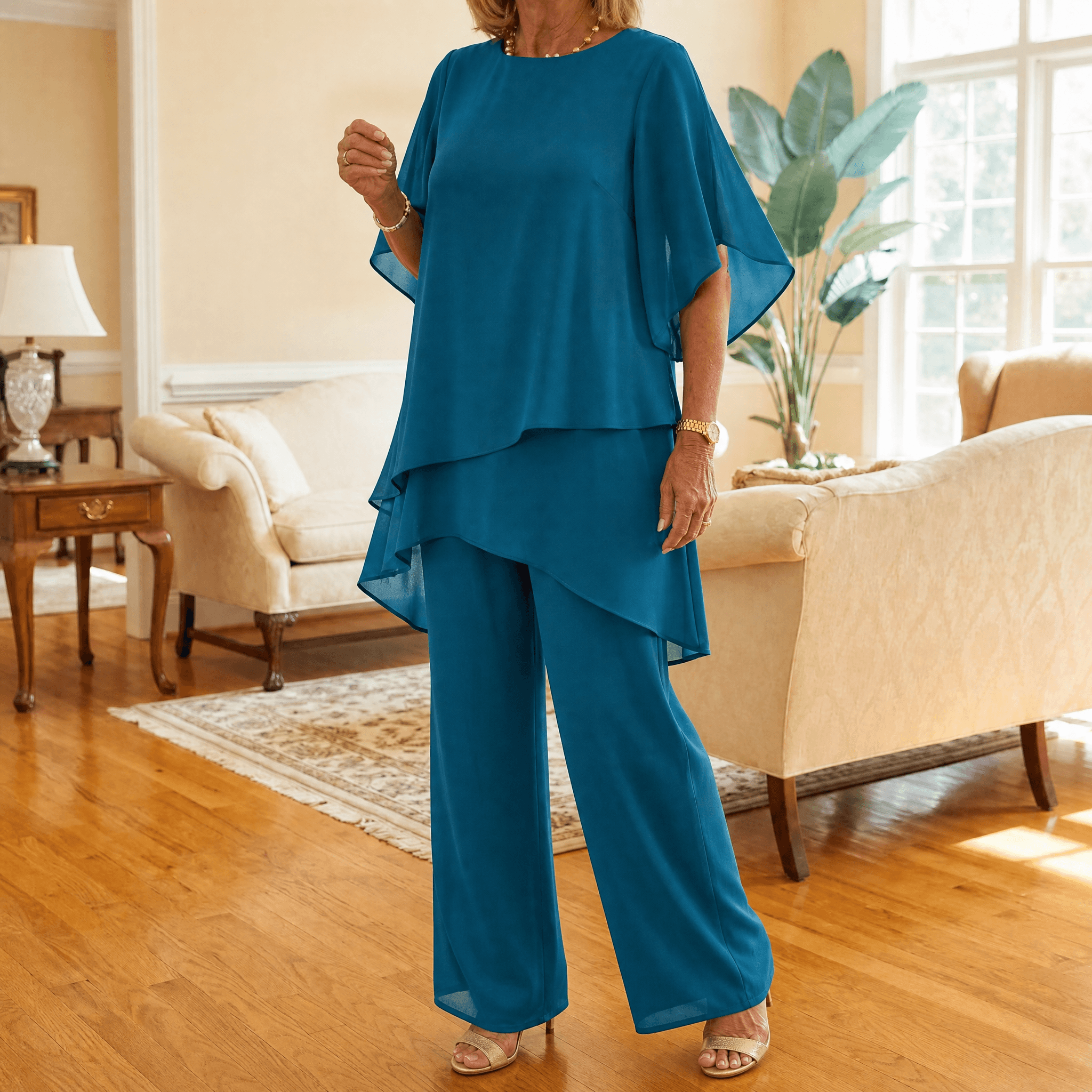 Graziella – Chiffon Two-Piece Set with Asymmetric Top