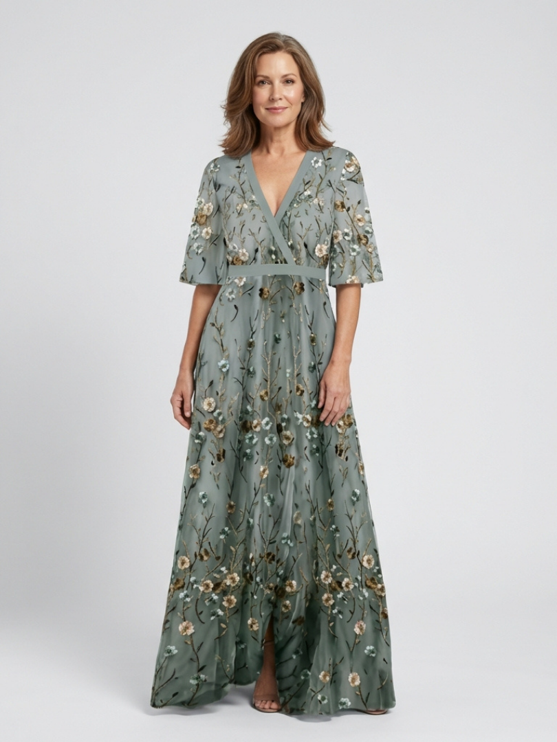 Evadne™ | Embroidered V-Neck Maxi Dress