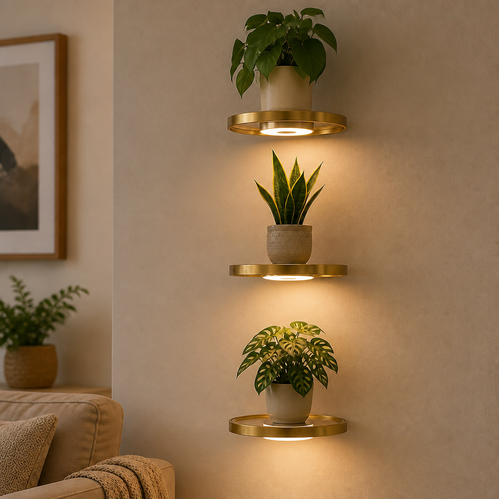 Lumeva - Floating LED Wall Shelf with Gold Finish, Rechargeable Ambient Light for Plants